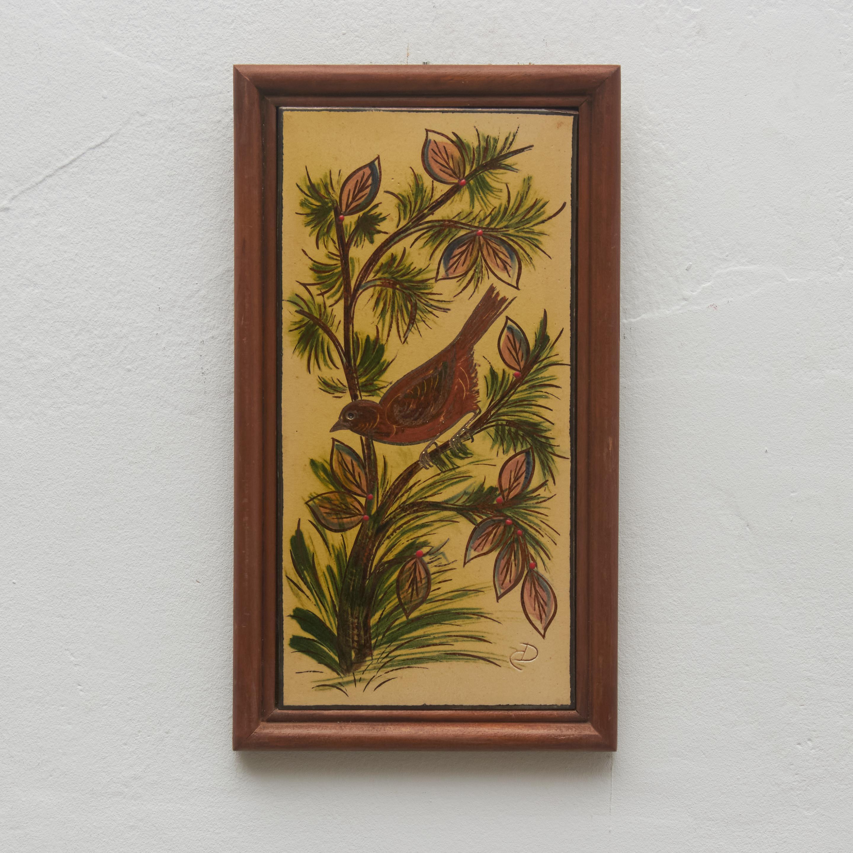 Ceramic hand painted artwork of a bird, designed by Catalan artist Diaz Costa, circa 1960.
Framed. Signed.

In original condition, with minor wear consistent of age and use, preserving a beautiul patina.

Important information regarding color(s) of