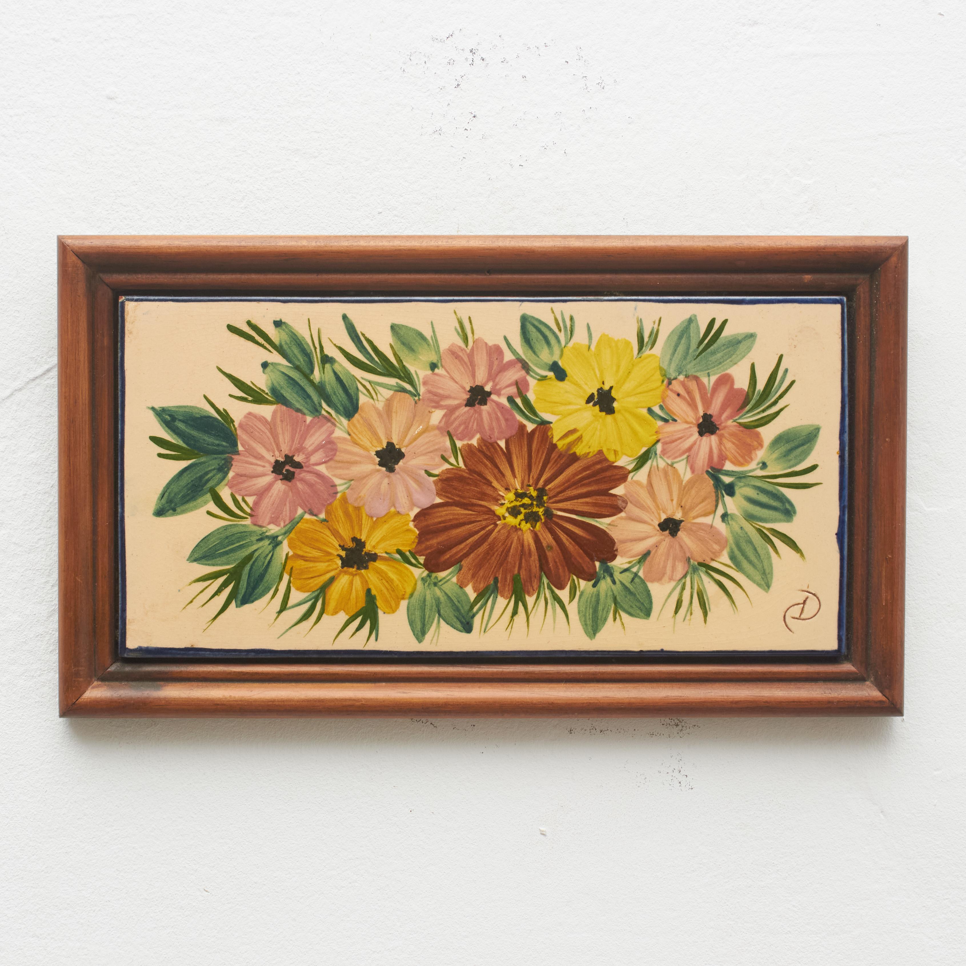 Ceramic hand painted artwork of flowers, designed by Catalan artist Diaz Costa, circa 1960.
Framed. Signed.

In original condition, with minor wear consistent of age and use, preserving a beautiul patina.