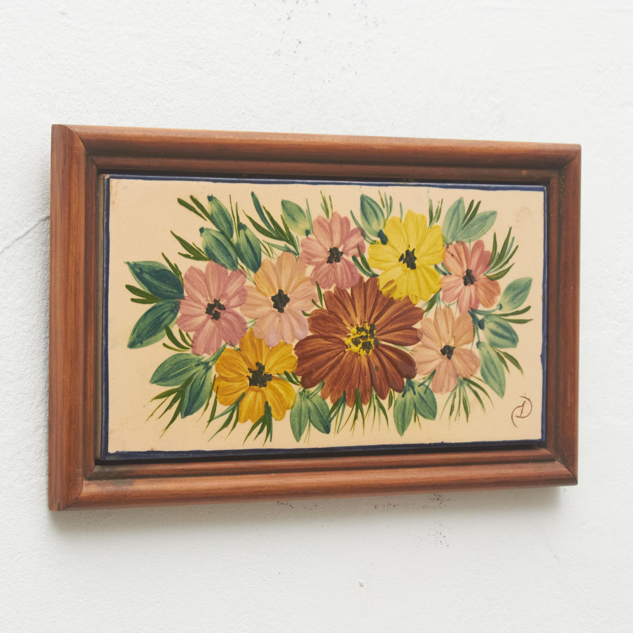 Mid-Century Modern Diaz Costa Ceramic Hand Painted Flowers Artwork, circa 1960