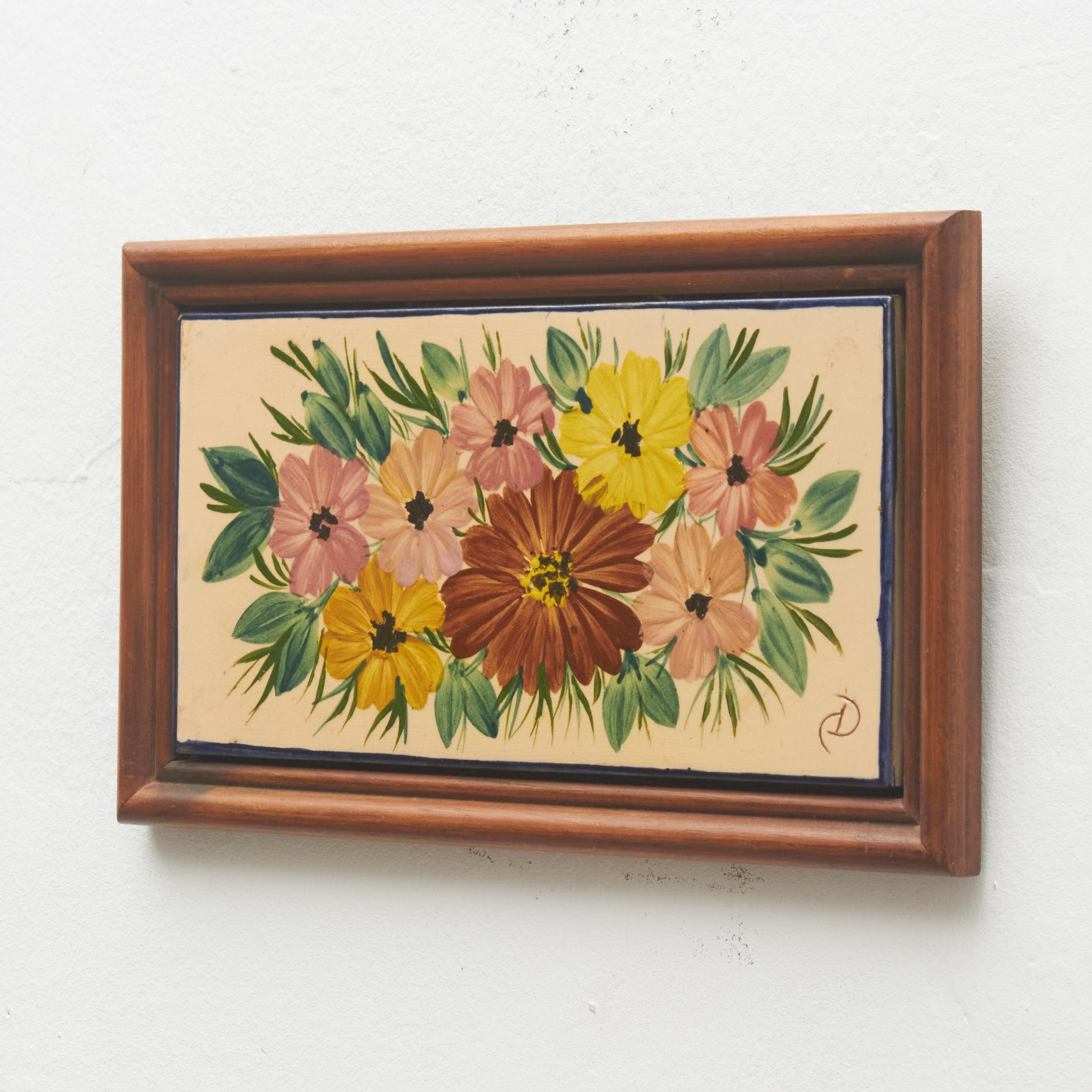 Spanish Diaz Costa Ceramic Hand Painted Flowers Artwork, circa 1960