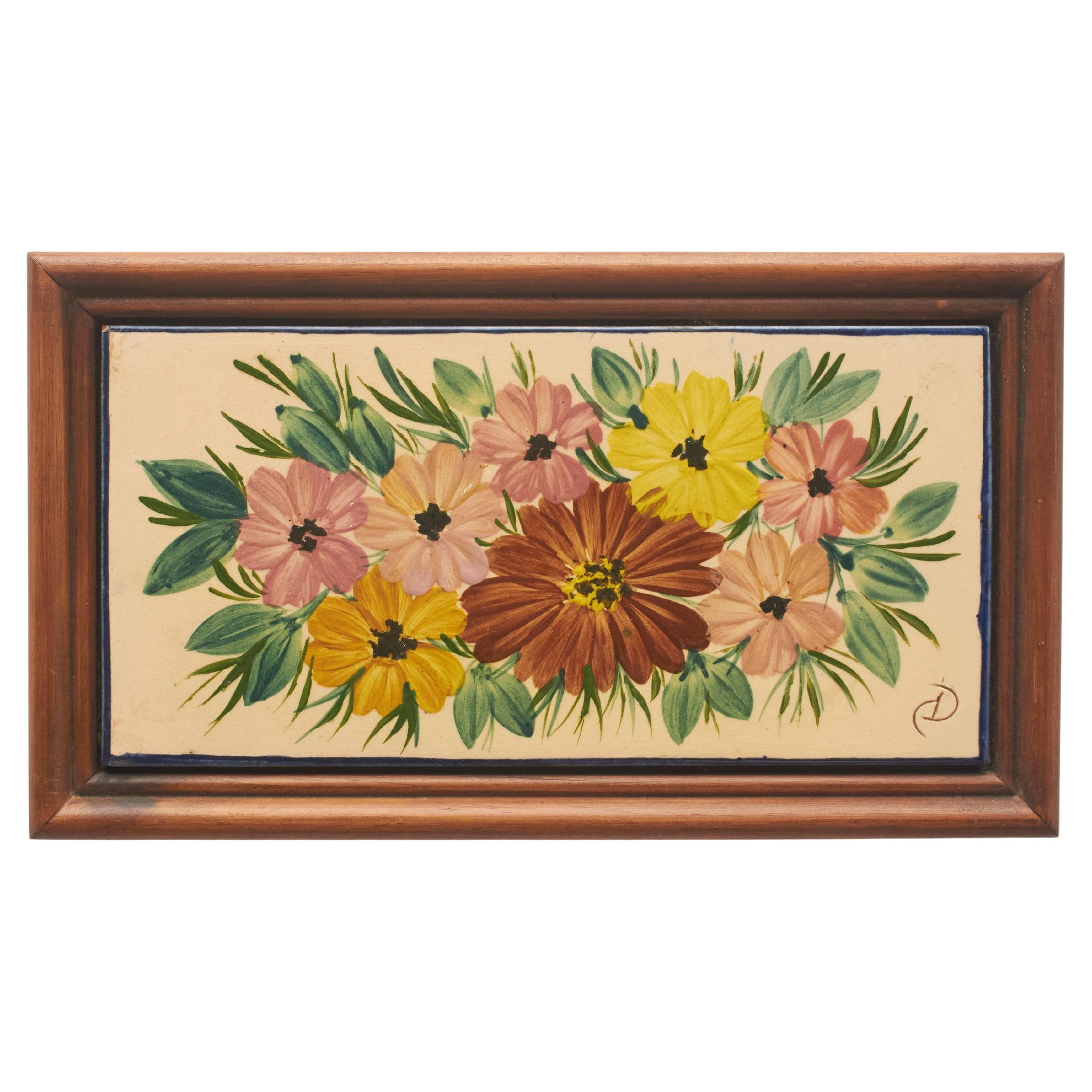 Diaz Costa Ceramic Hand Painted Flowers Artwork, circa 1960 For Sale