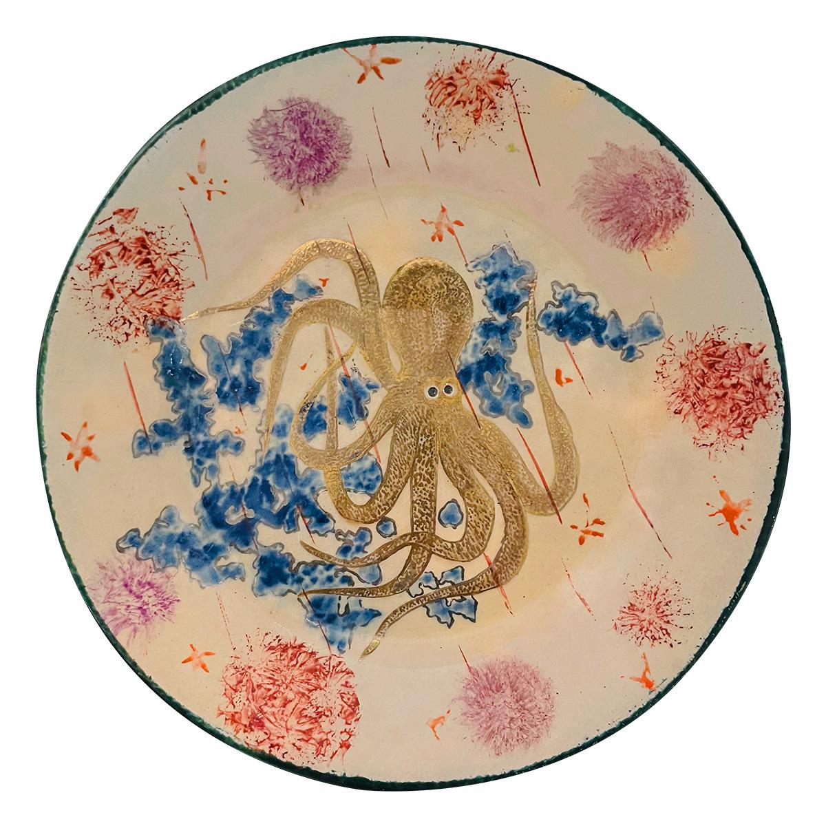Glazed Diaz-Costa Ceramic handpainted dinner plate, set of 4, circa 1960 For Sale