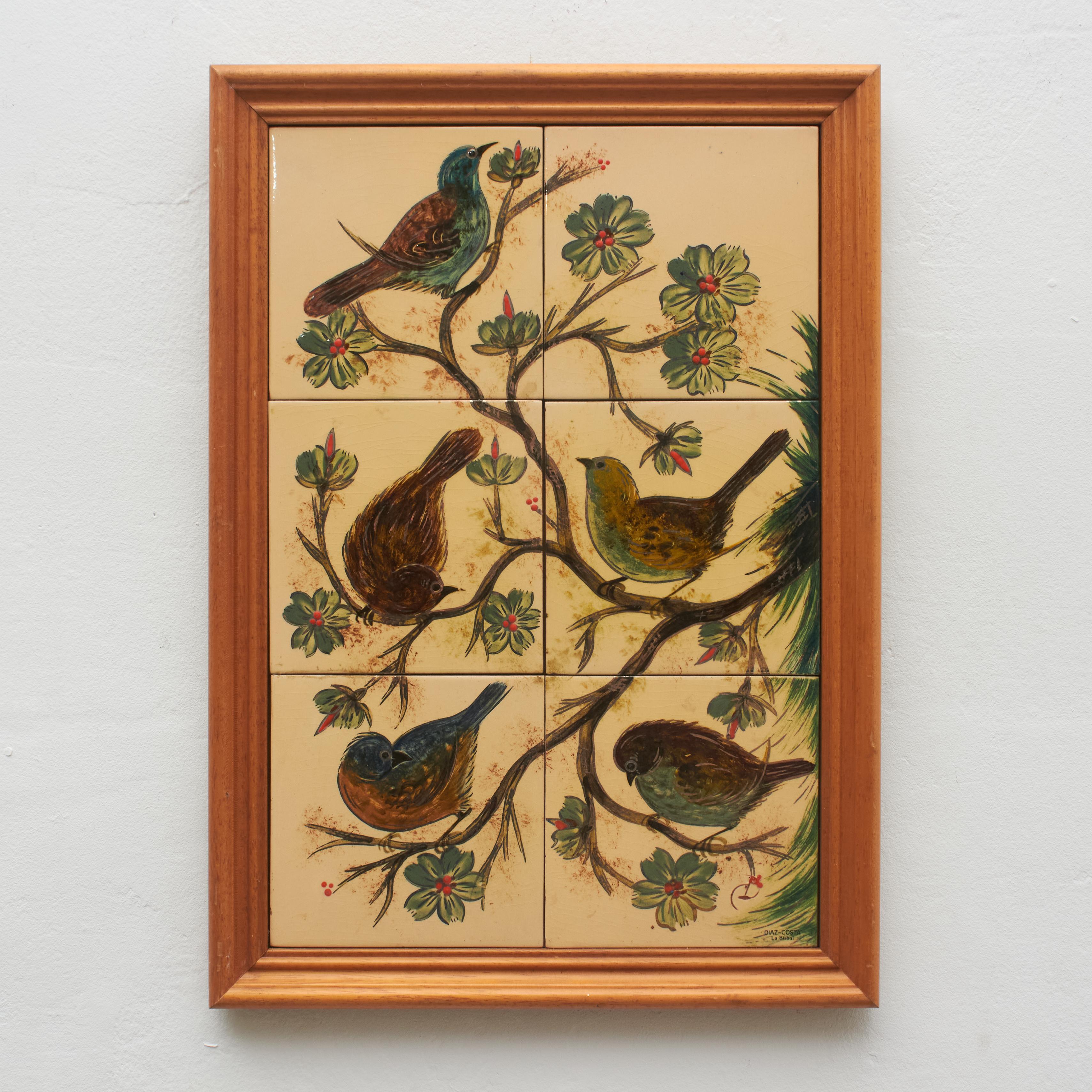 Ceramic hand painted artwork of several birds by Catalan artist Diaz Costa, circa 1960. Framed. Signed.  In original condition, with minor wear consistent of age and use, preserving a beautiul patina.