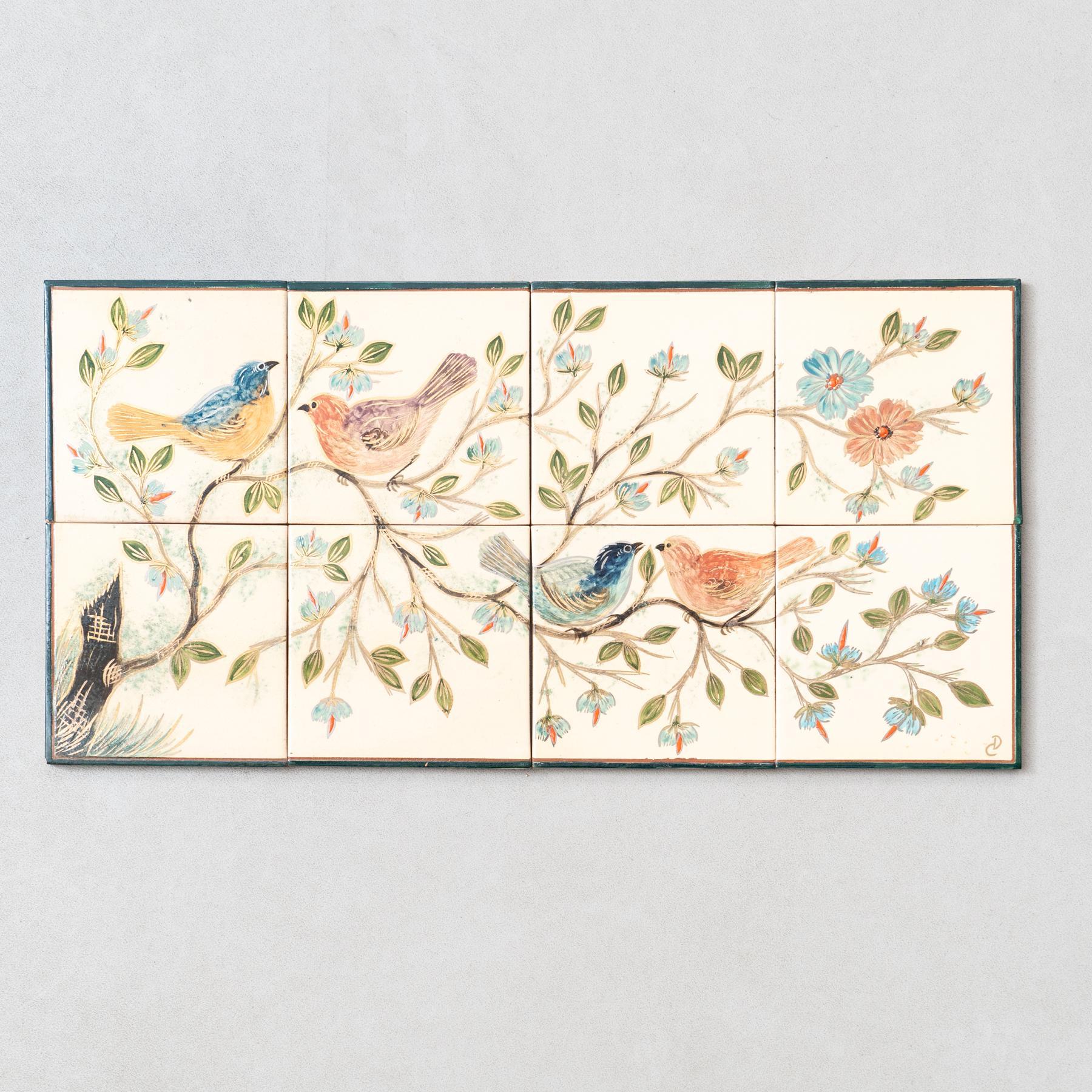 Ceramic hand painted large artwork of birds by Catalan artist Diaz Costa, circa 1960. Framed. Signed.  

In original condition, with minor wear consistent of age and use, preserving a beautiul patina.  

Tiles come separated, not attached.
