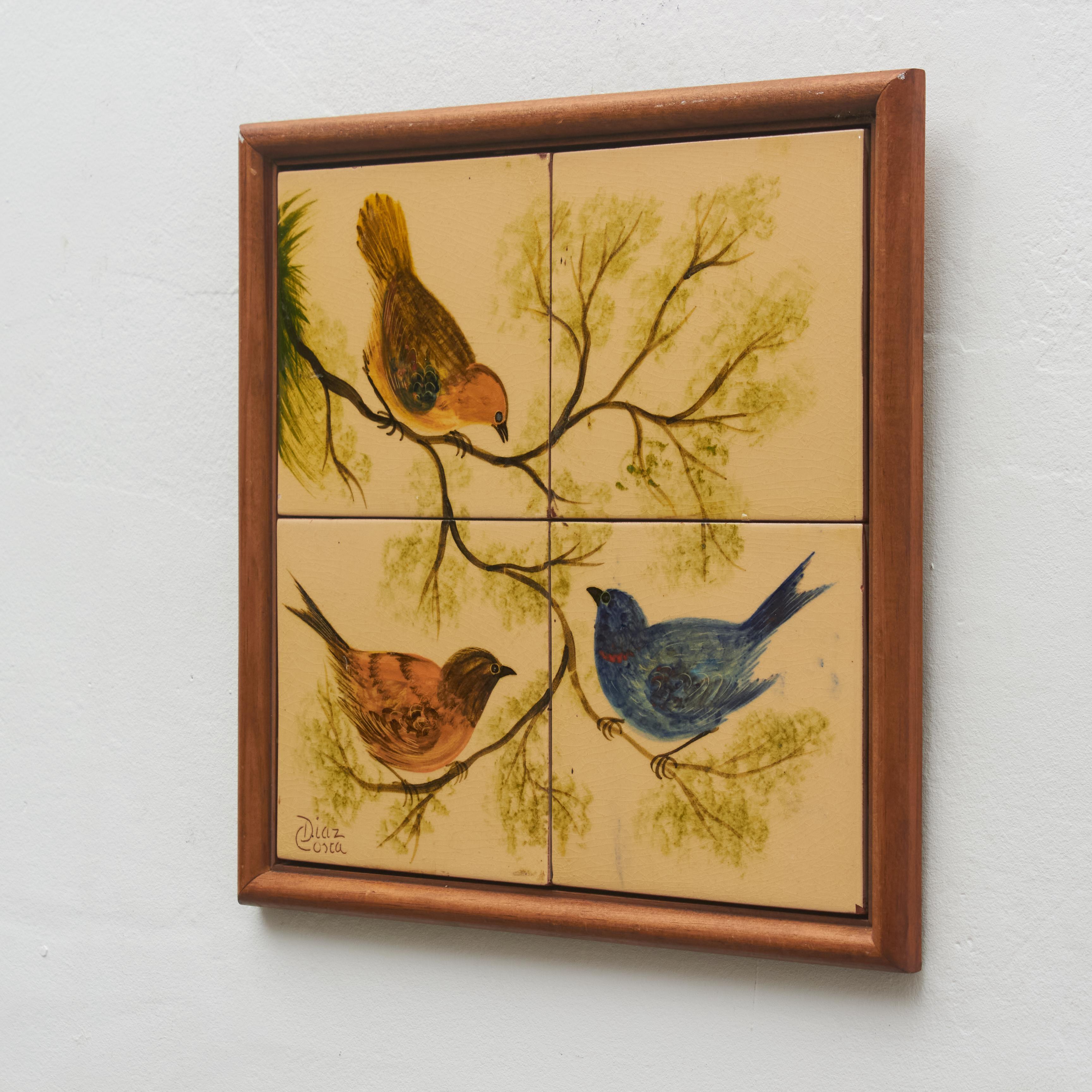 Espagnol Diaz Costa Oeuvre d'art en céramique peinte à la main représentant des oiseaux, circa 1960. en vente