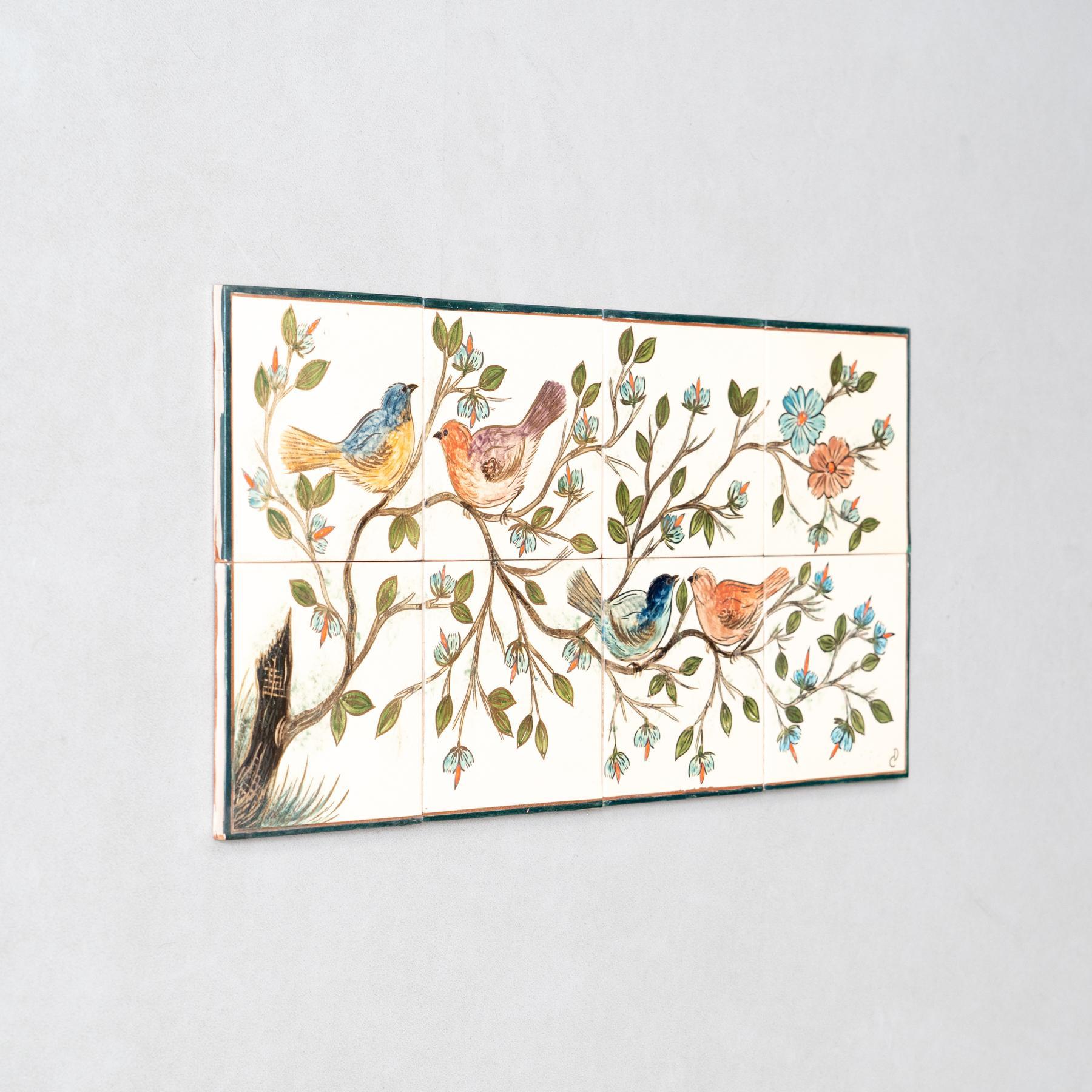 Spanish Diaz Costa Mid Century Modern Ceramic Hand Painted Artwork of Birds, circa 1960 For Sale