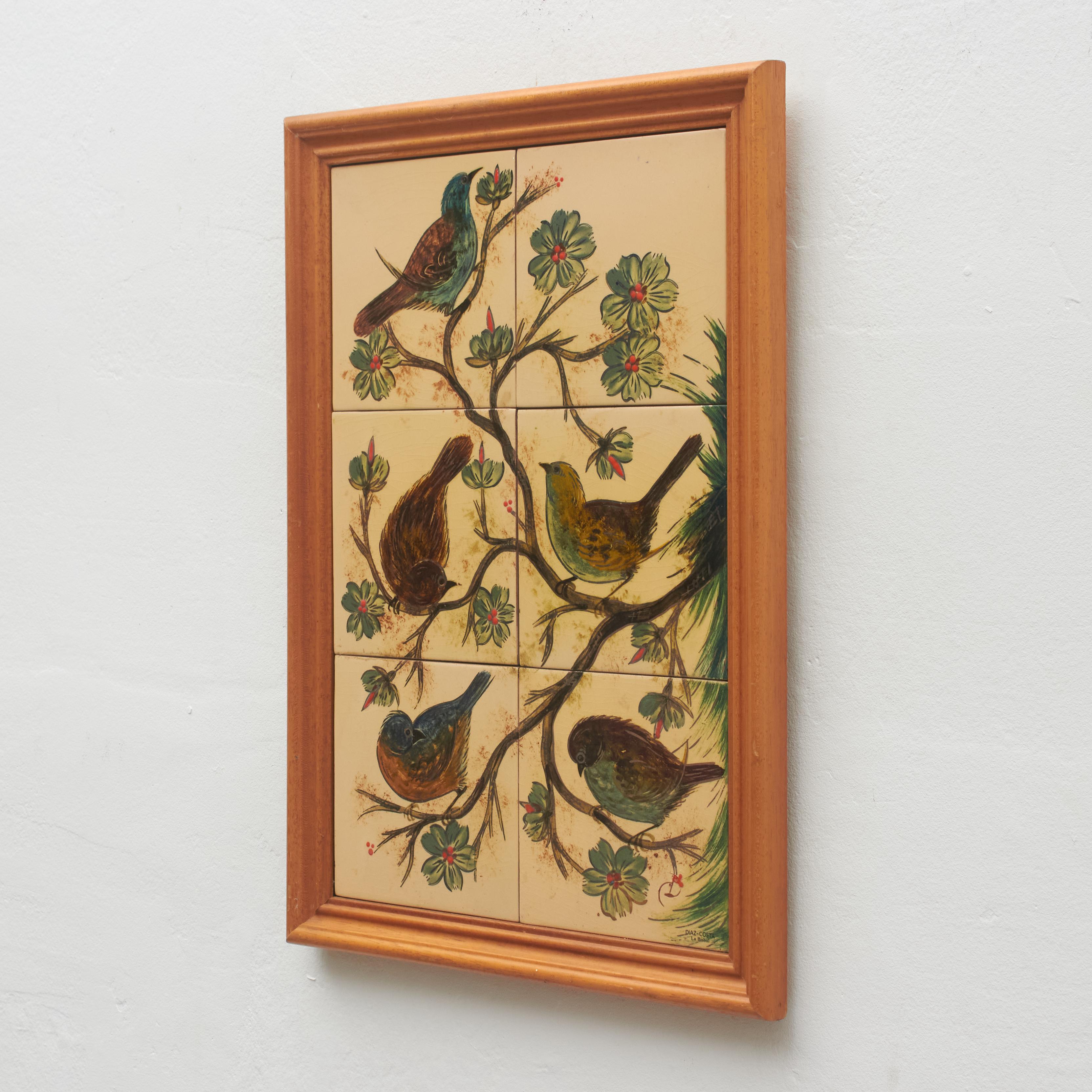 Diaz Costa Mid Century Modern Ceramic Hand Painted Artwork of Birds, circa 1960 In Good Condition For Sale In Barcelona, ES