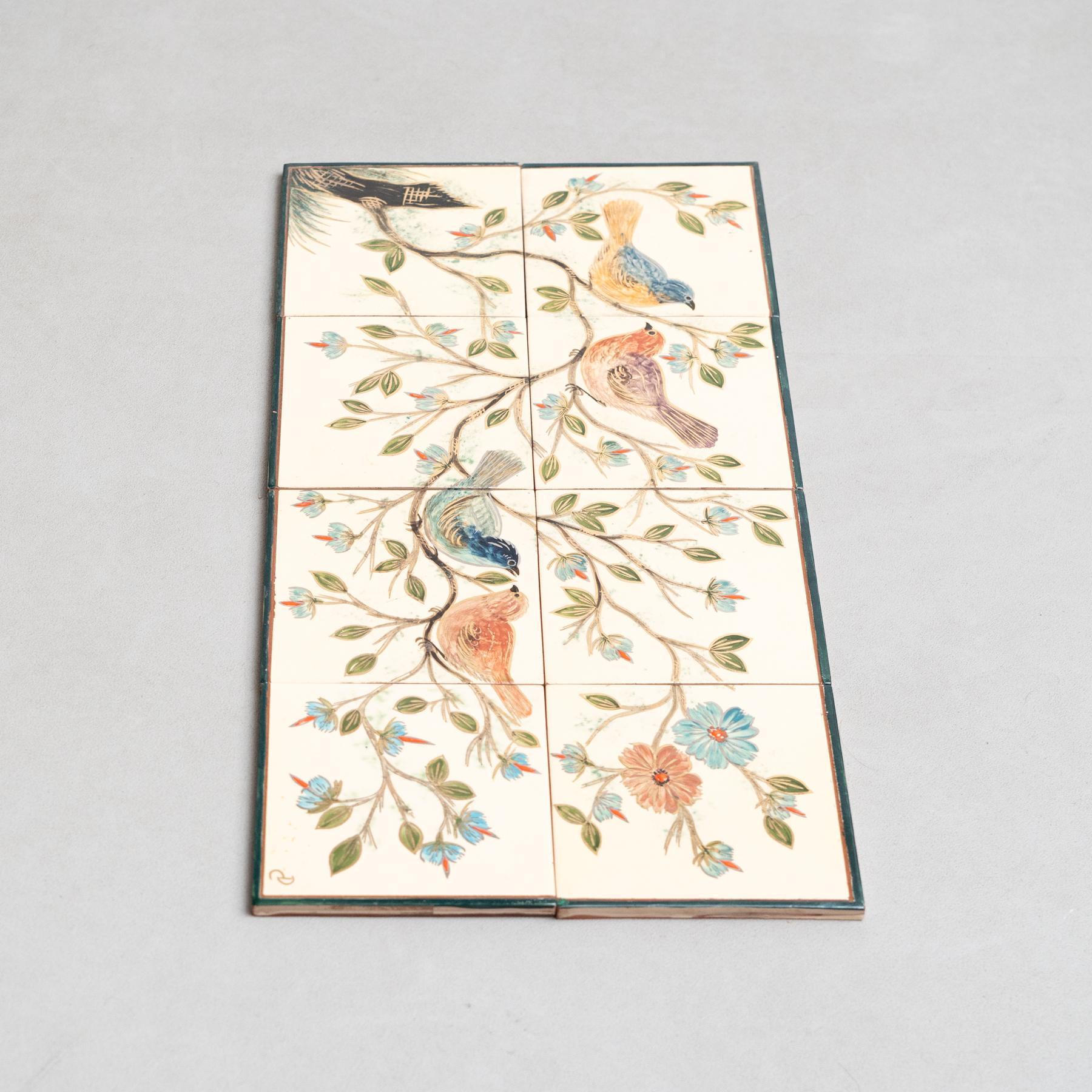 18th Century and Earlier Diaz Costa Mid Century Modern Ceramic Hand Painted Artwork of Birds, circa 1960 For Sale