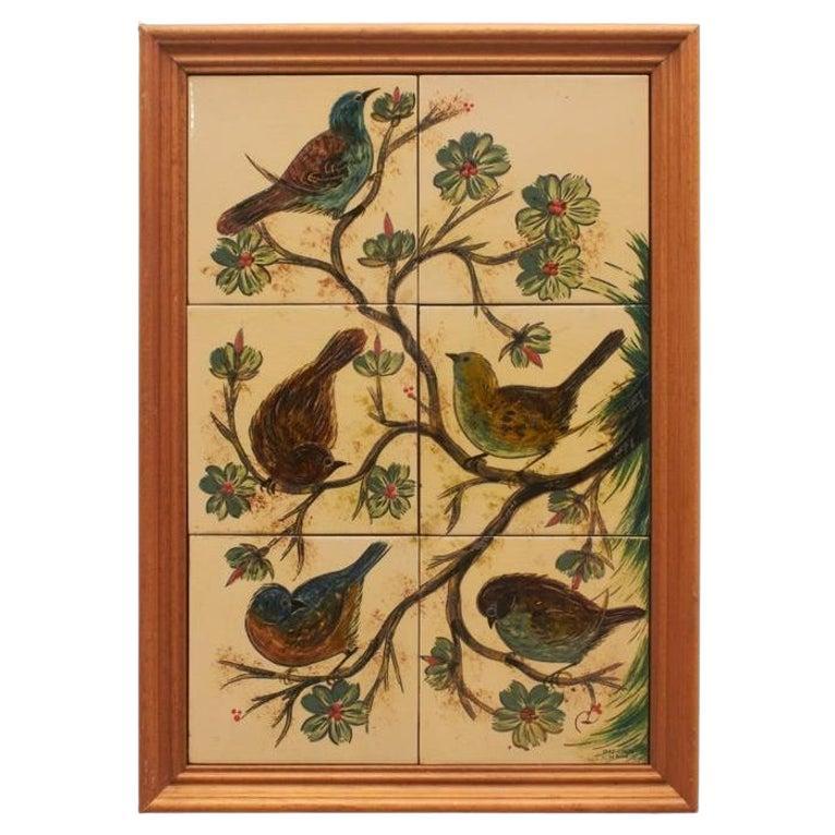 Diaz Costa, opera d
arte in ceramica di metà secolo dipinta a mano con uccelli, 1960 circa in vendita