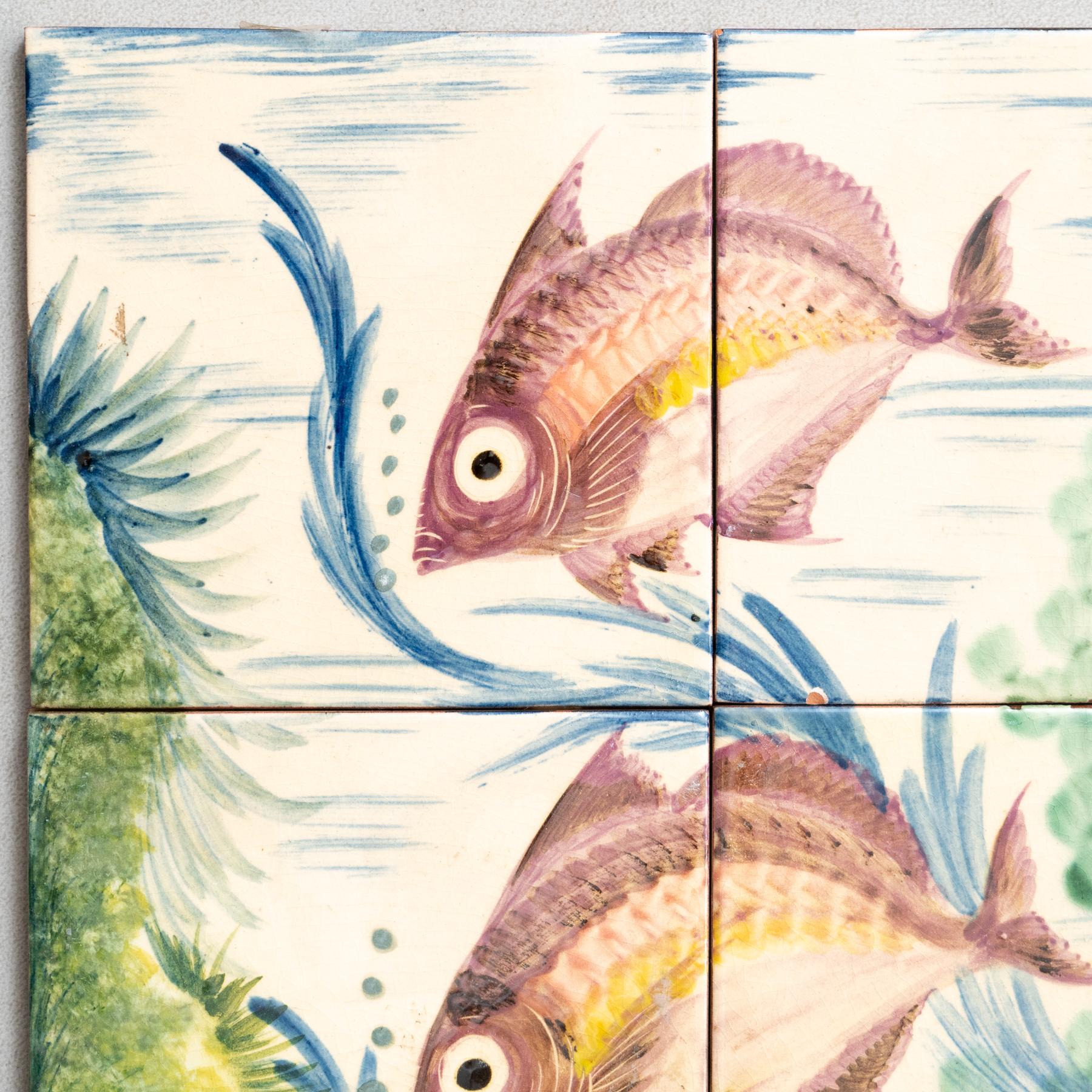 Spanish Diaz Costa Mid Century Modern Ceramic Hand Painted Artwork of Fishes, circa 1960 For Sale
