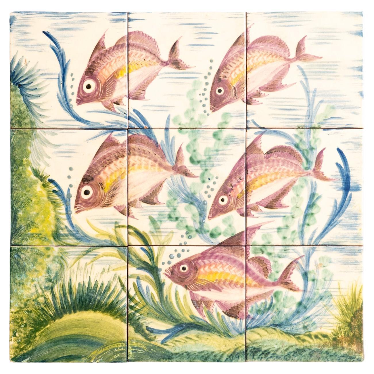 Diaz Costa Mid Century Modern Keramik Hand gemalt Kunstwerk von Fischen, um 1960 im Angebot