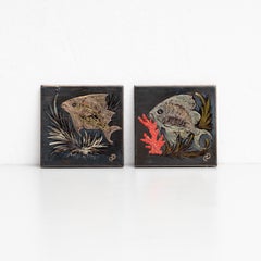 Diaz Costa Mid Century Modern Set Two Ceramic Hand Painted Artwork, circa 1960