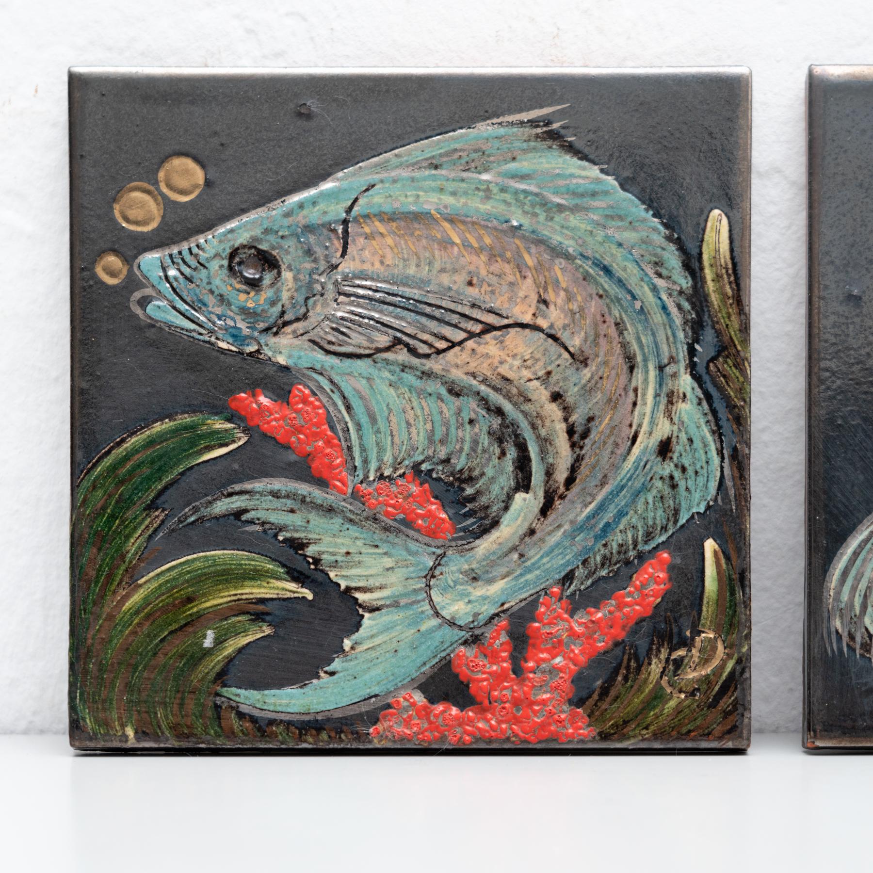 Mid-Century Modern Diaz Costa Set of Two Ceramic Hand Painted Artwork, circa 1960 For Sale