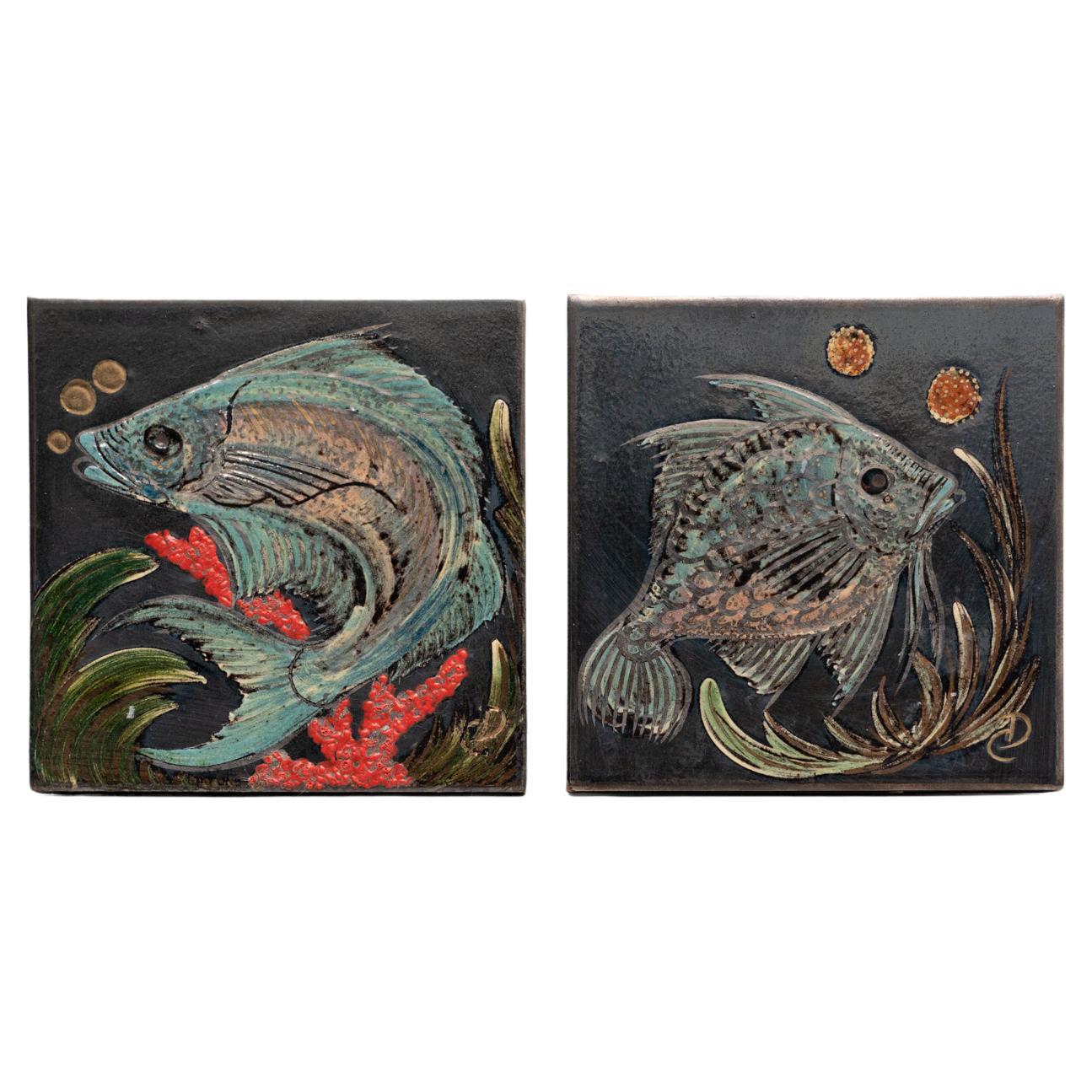 Diaz Costa Set of Two Ceramic Hand Painted Artwork, circa 1960 For Sale