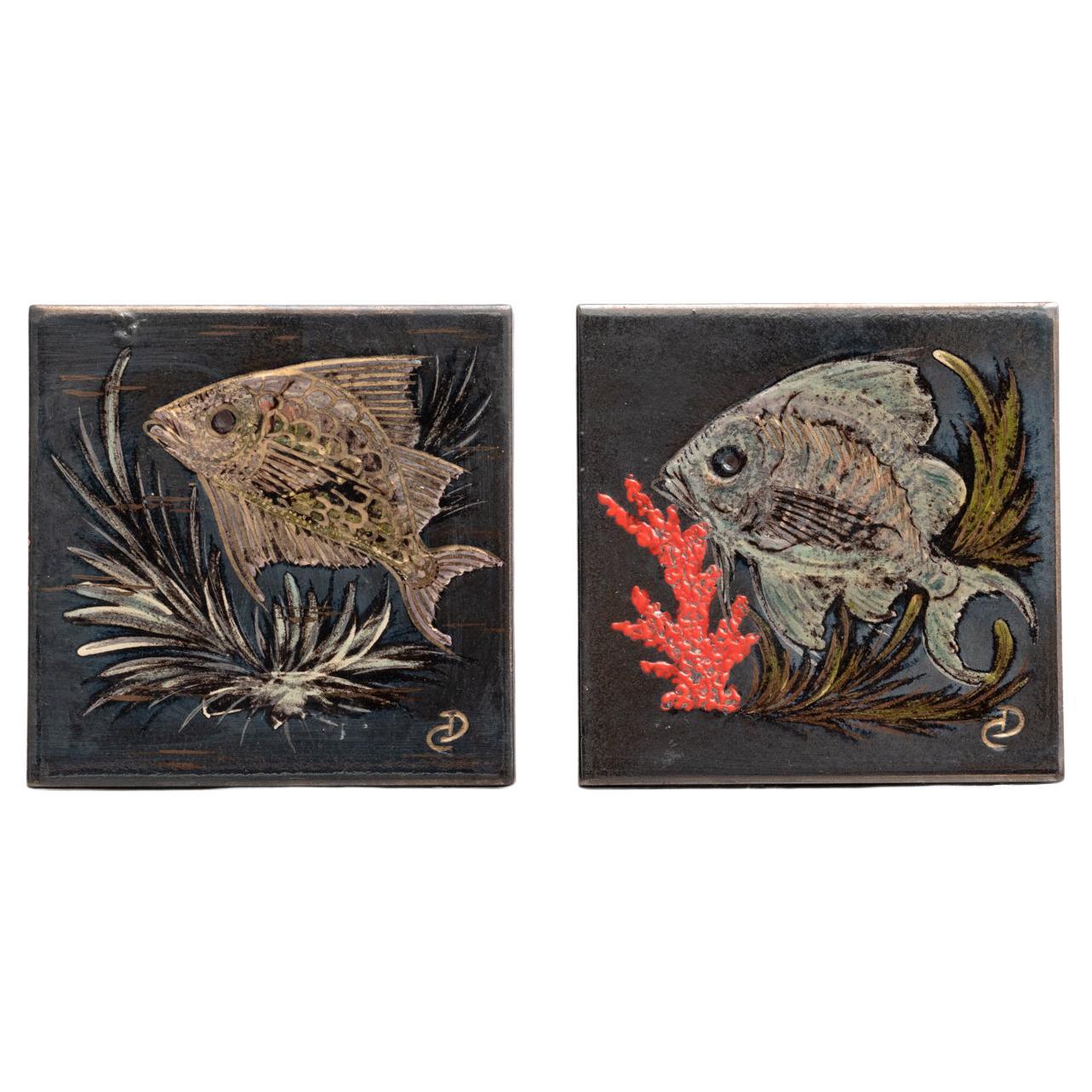 Diaz Costa Mid Century Modern Set Two Ceramic Hand Painted Artwork, circa 1960 For Sale