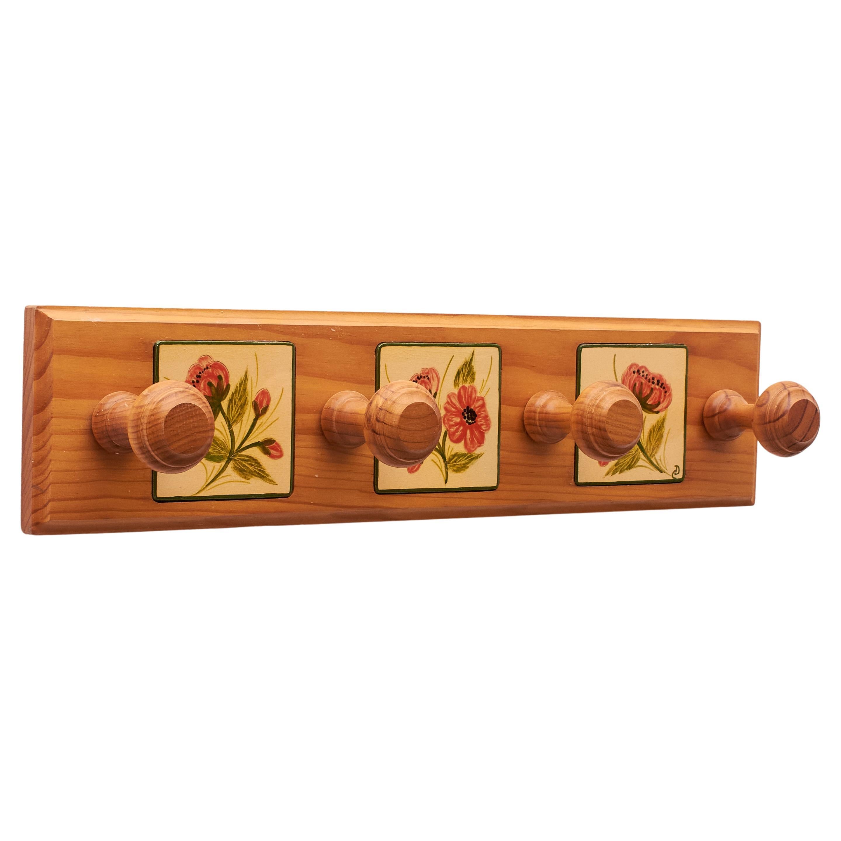 Diaz Costa Wood and Hand Painted Ceramic Wall Hanger, circa 1960 For Sale