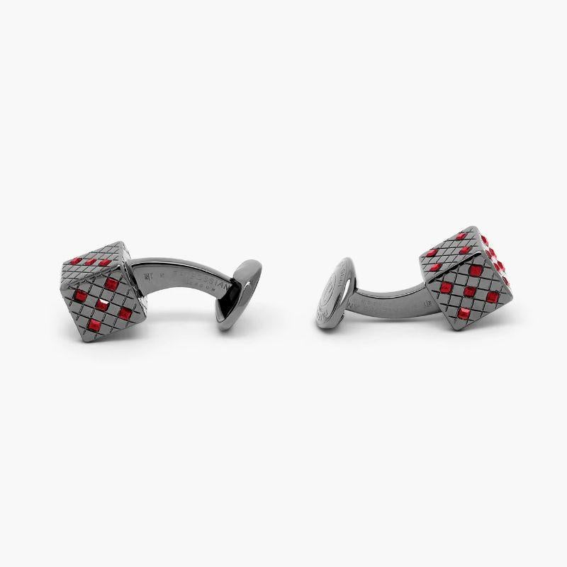 Dice cufflinks with siam Swarowski Elements

Sparkling Siam-coloured Swarovski elements are arranged to form the numbers of dice within an intricately engraved diamond pattern frame. Set in gunmetal plated base metal, our playful design are ready to