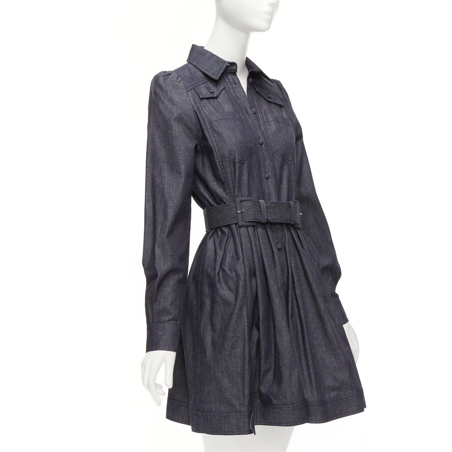 Black DICE KAYEK dark blue cotton denim pleated front pocketed safari dress FR34 XS For Sale