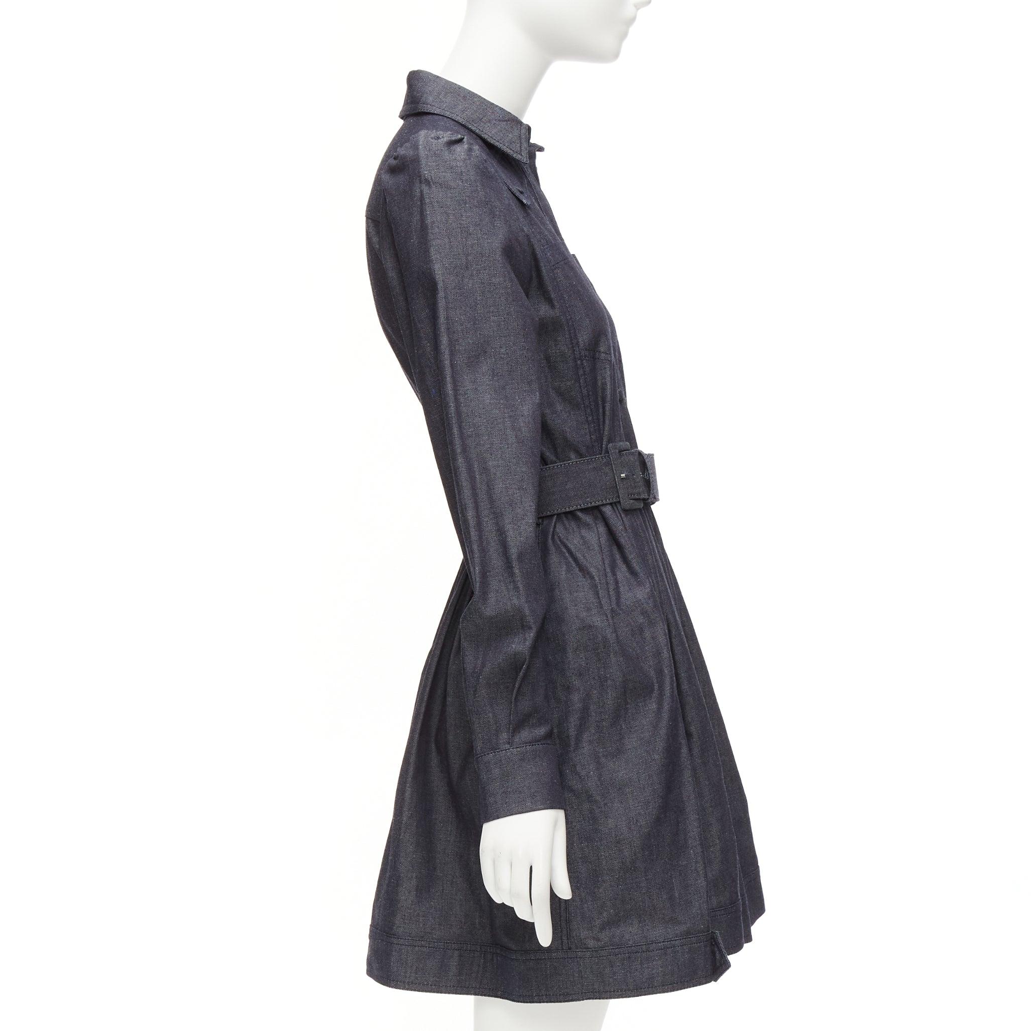 DICE KAYEK dark blue cotton denim pleated front pocketed safari dress FR34 XS In Excellent Condition For Sale In Hong Kong, NT