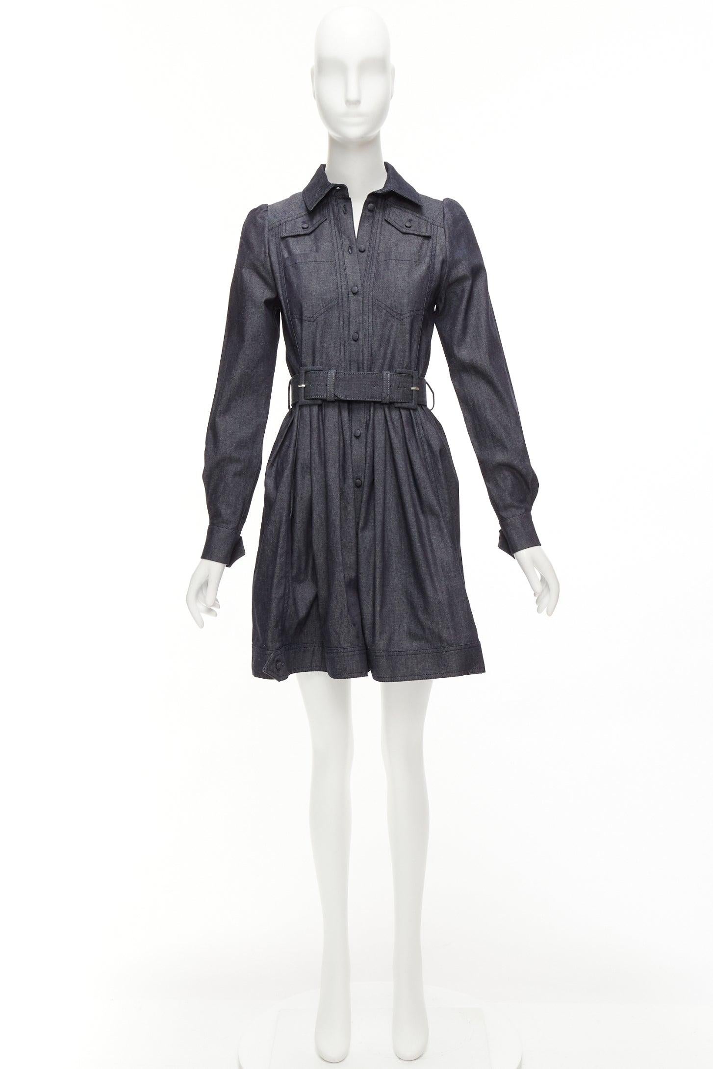 DICE KAYEK dark blue cotton denim pleated front pocketed safari dress FR34 XS For Sale 4
