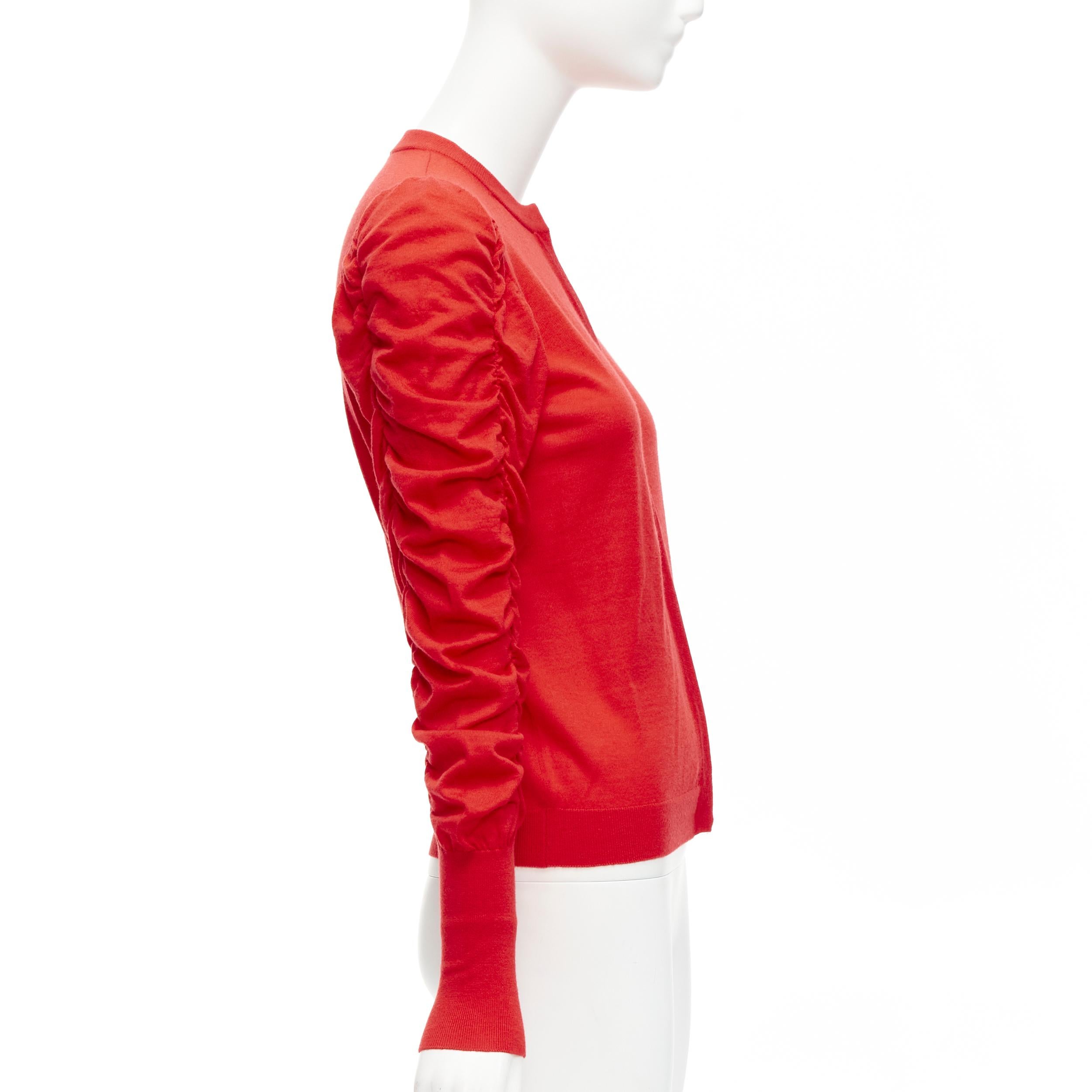 DICE KAYEK red 100% wool ruched sleeves crew neck cardigan sweater FR36 S In Excellent Condition For Sale In Hong Kong, NT