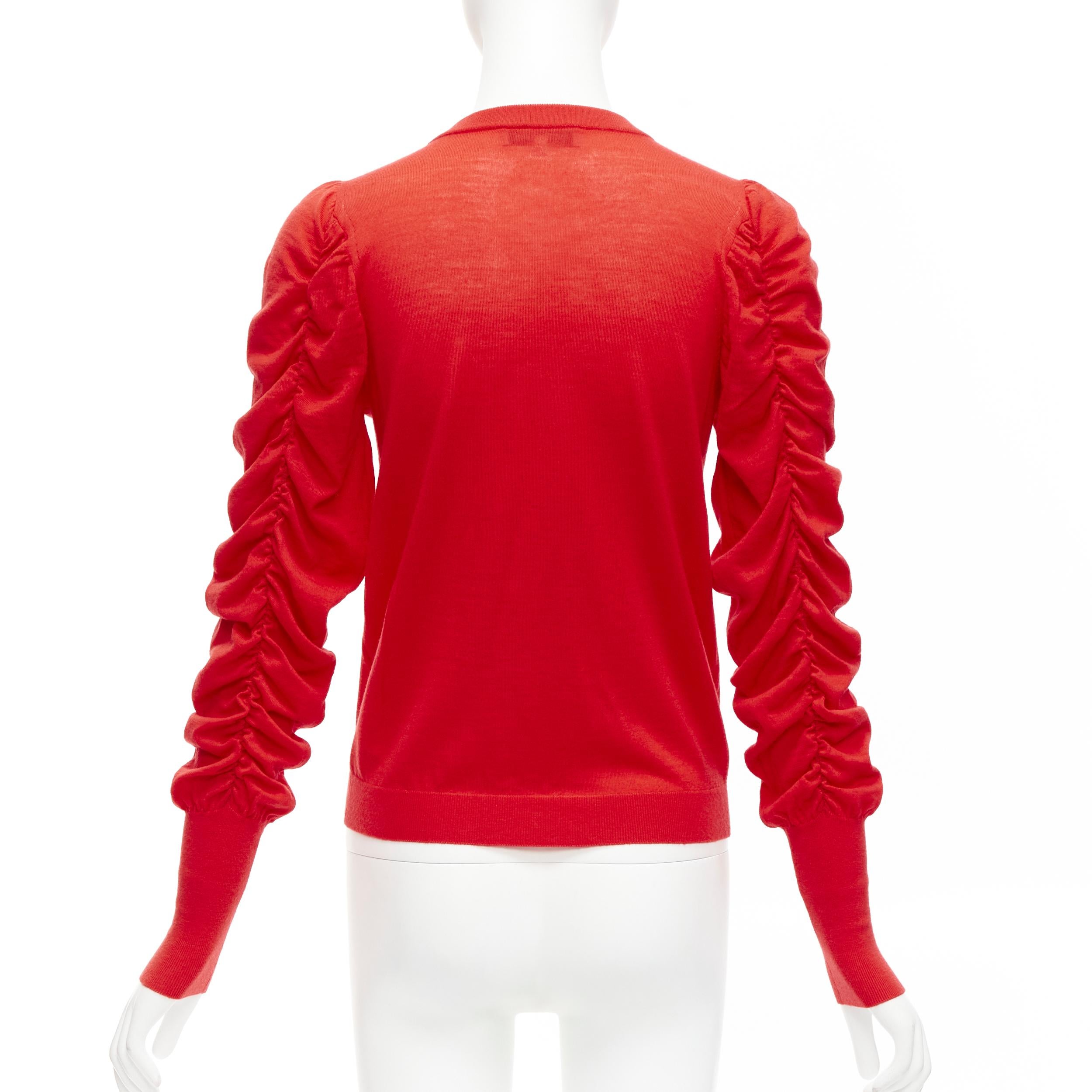 Women's DICE KAYEK red 100% wool ruched sleeves crew neck cardigan sweater FR36 S For Sale