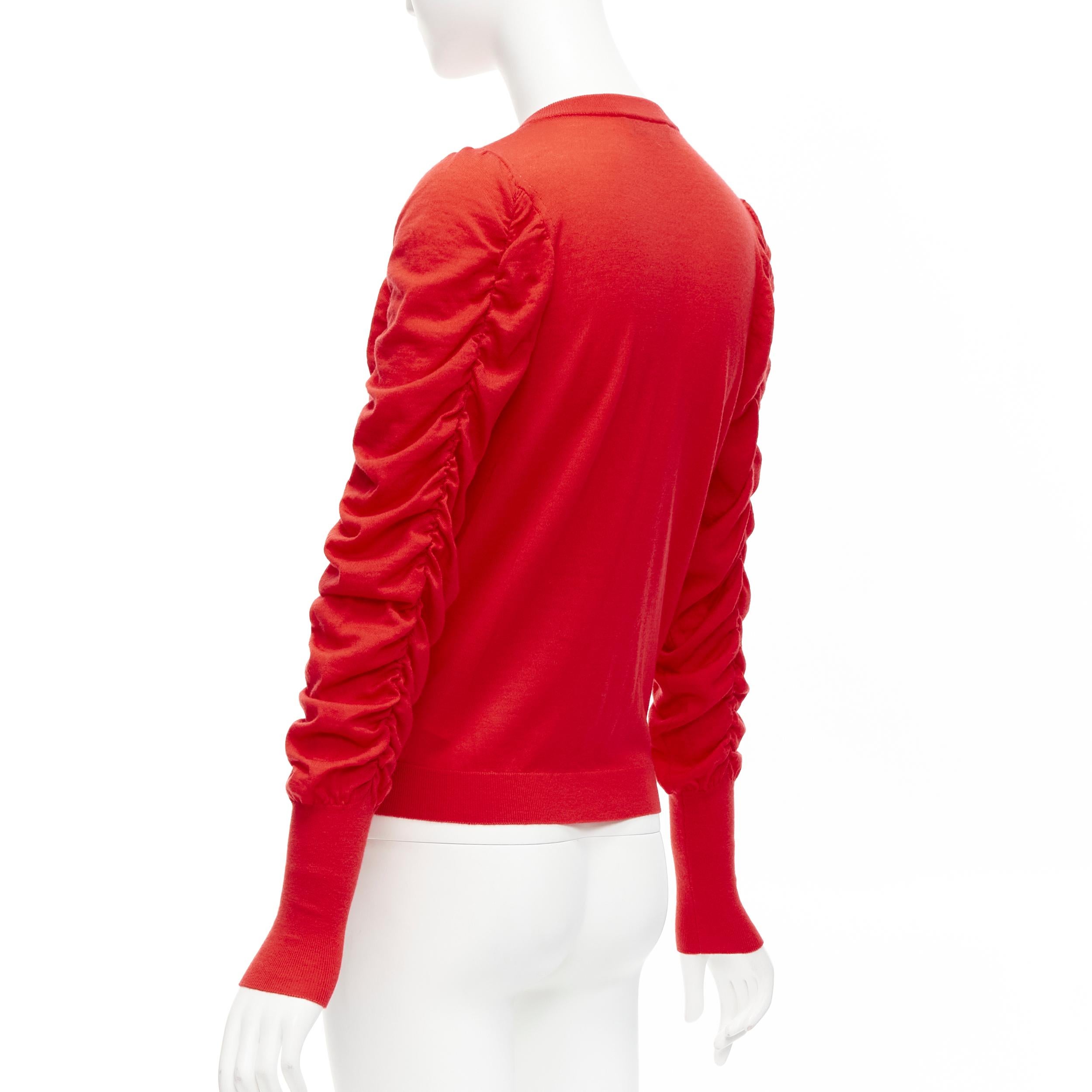 DICE KAYEK red 100% wool ruched sleeves crew neck cardigan sweater FR36 S For Sale 2
