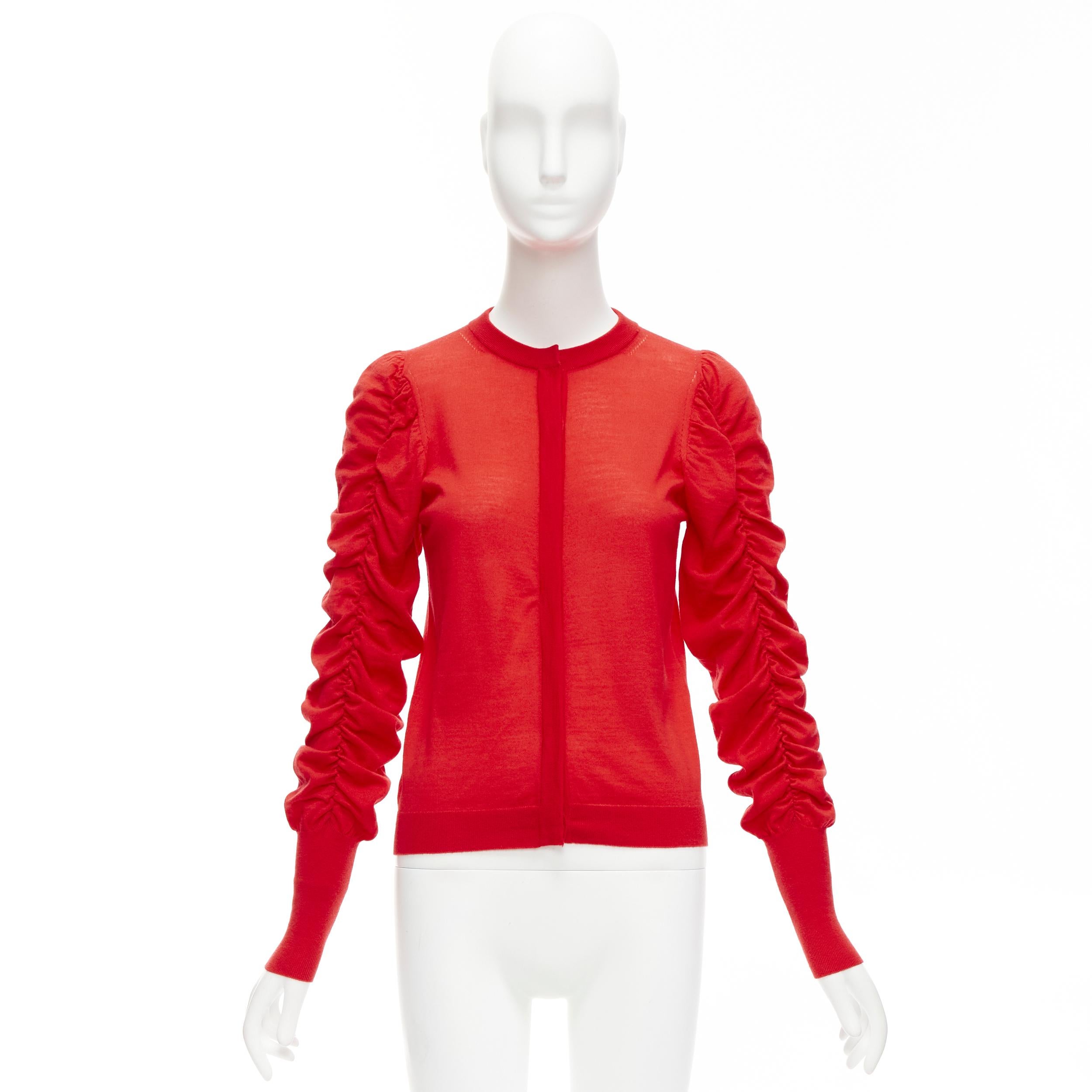 DICE KAYEK red 100% wool ruched sleeves crew neck cardigan sweater FR36 S For Sale 4