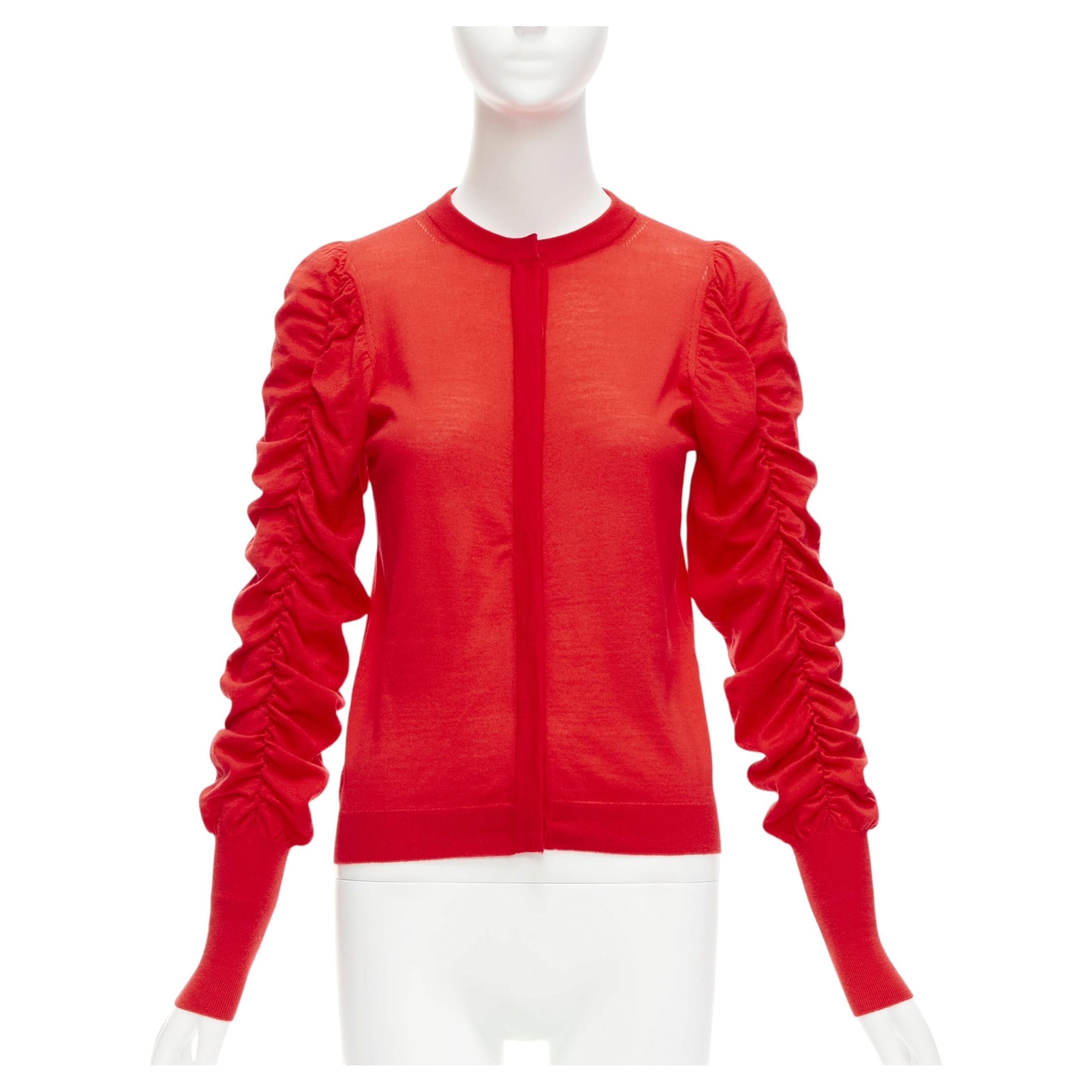 Pre-owned Dice Kayek Red 100% Wool Ruched Sleeves Crew Neck Cardigan Sweater Fr36 S