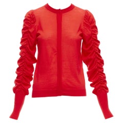 DICE KAYEK red 100% wool ruched sleeves crew neck cardigan sweater FR36 S