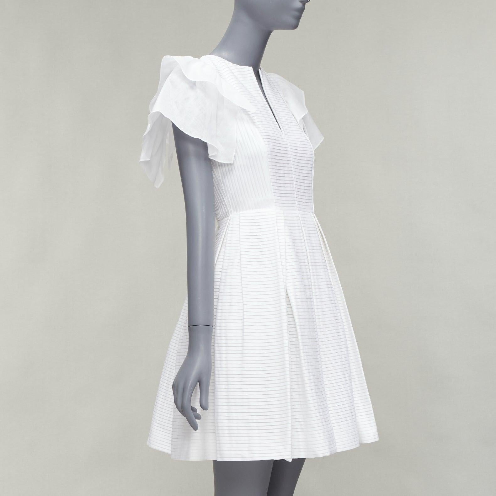 DICE KAYEK white pleated cotton ruffle sleeve fit flared cocktail dress FR34 XS In Excellent Condition In Hong Kong, NT