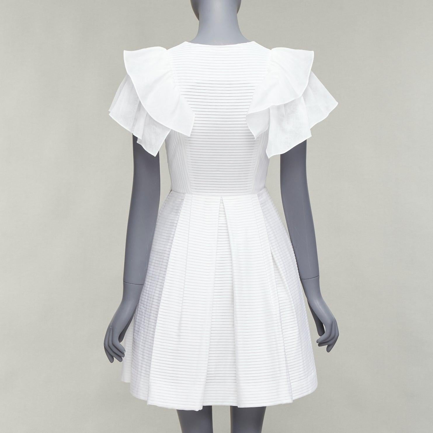DICE KAYEK white pleated cotton ruffle sleeve fit flared cocktail dress FR34 XS 1