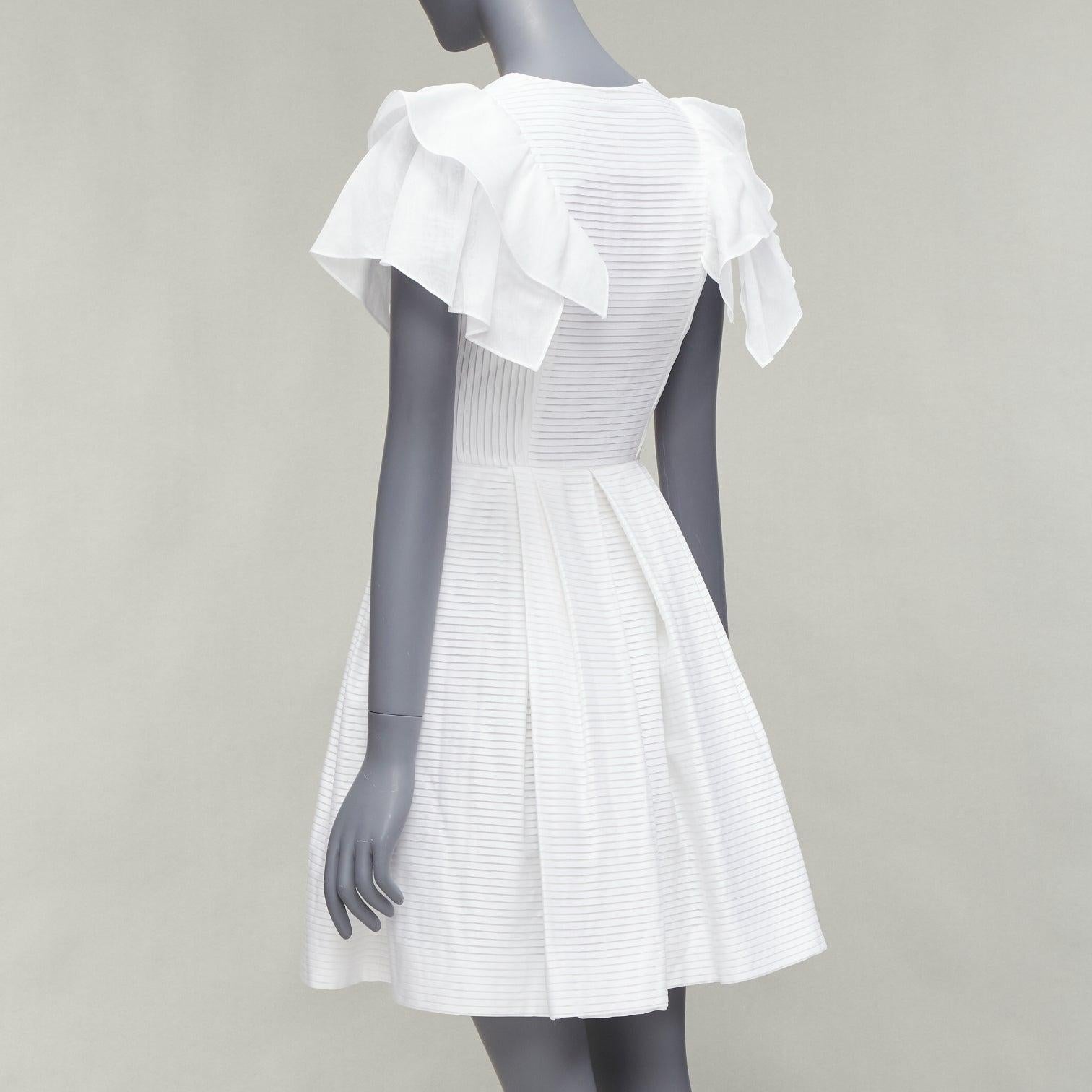 DICE KAYEK white pleated cotton ruffle sleeve fit flared cocktail dress FR34 XS 2