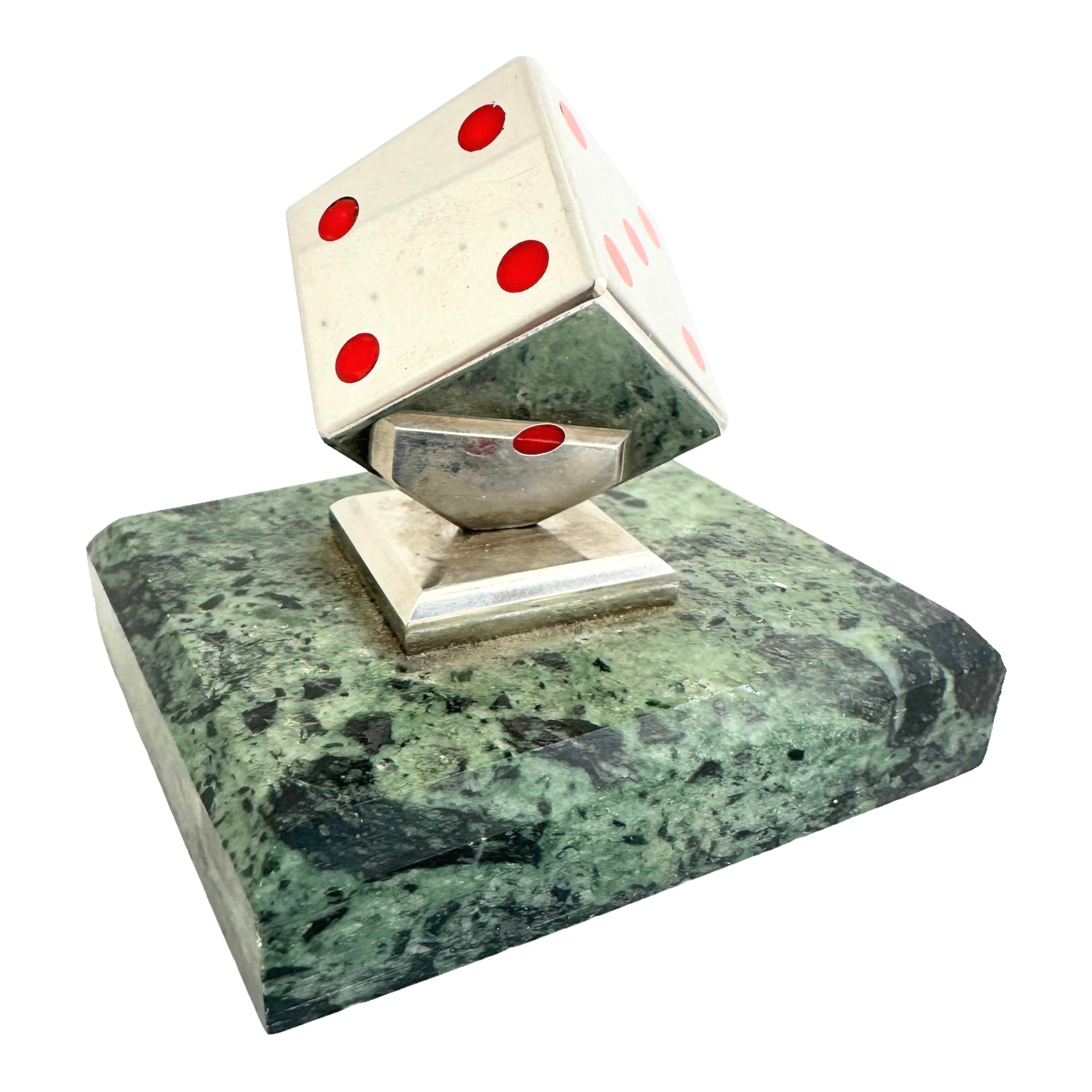 Hand-Crafted Dice Metal Statue on Marble Base Paper Weight Mid-Century Modern, German, 1970s For Sale