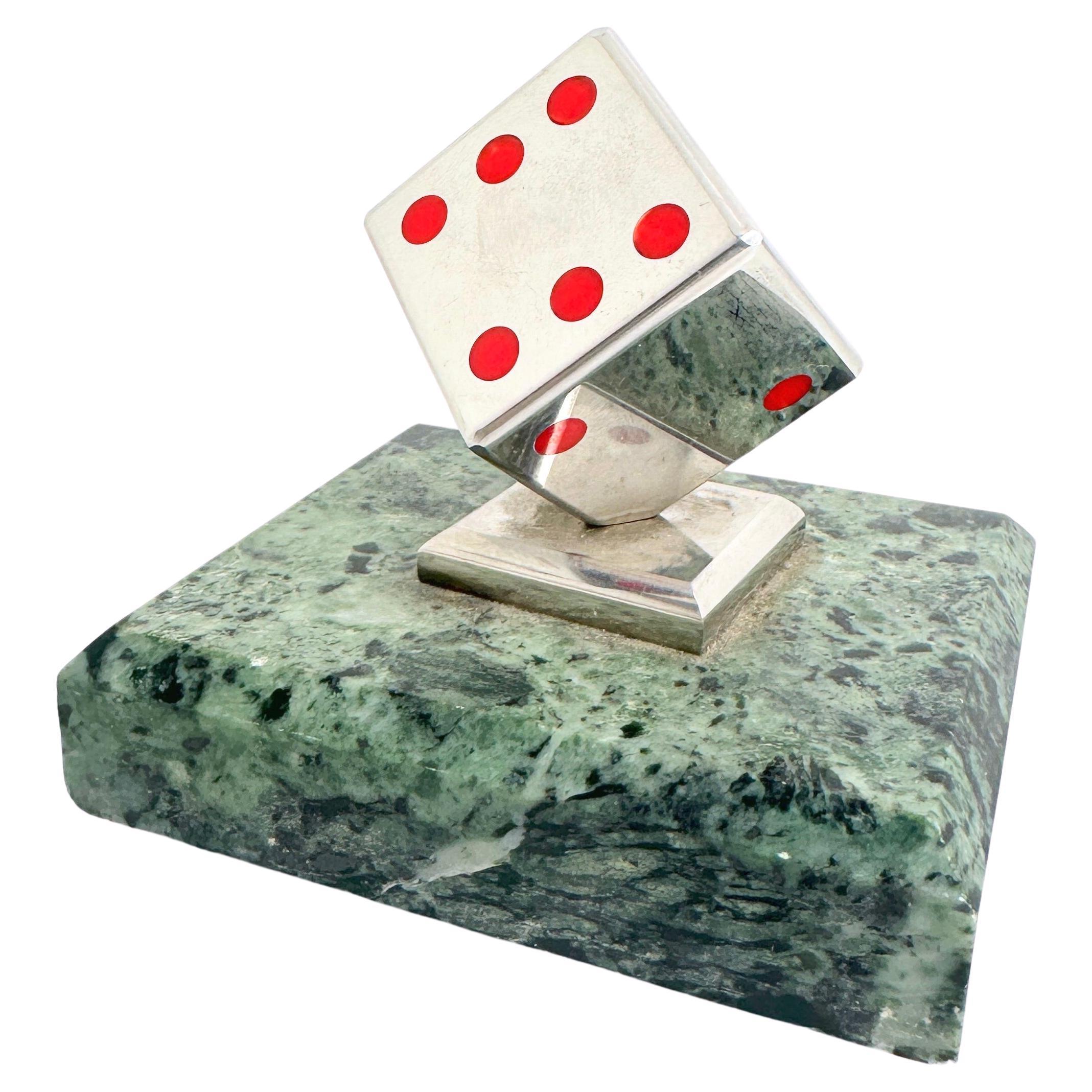 Dice Metal Statue on Marble Base Paper Weight Mid-Century Modern, German, 1970s For Sale