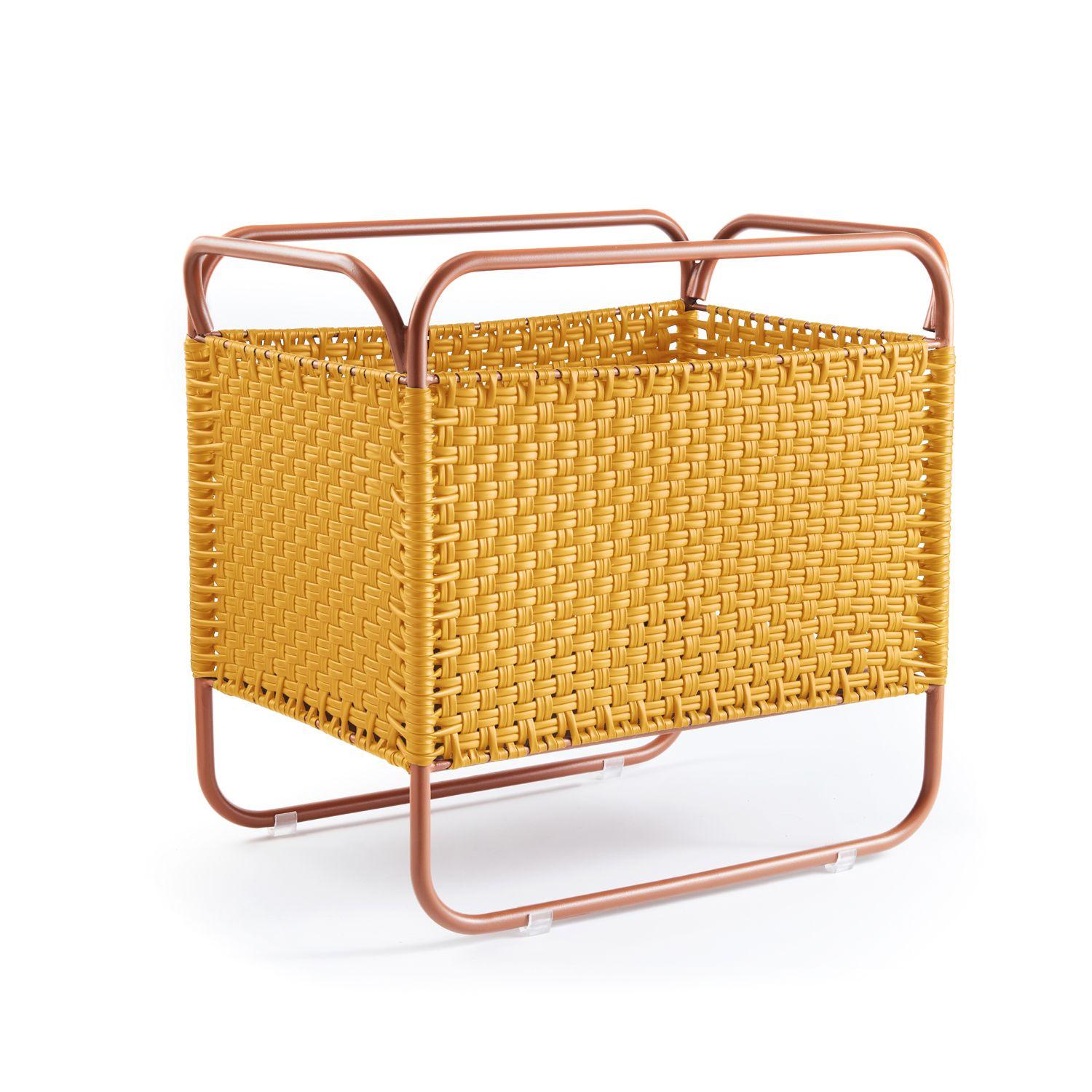 Dichas basket I by Cristina Celestino. 
Materials: PVC strings made from recycled plastic, steel
Dimensions: D 55 x W 38 x H 55 cm 
Available in colors: copper/black red, copper/honey yellow, copper/moss green. Available in other sizes.

The