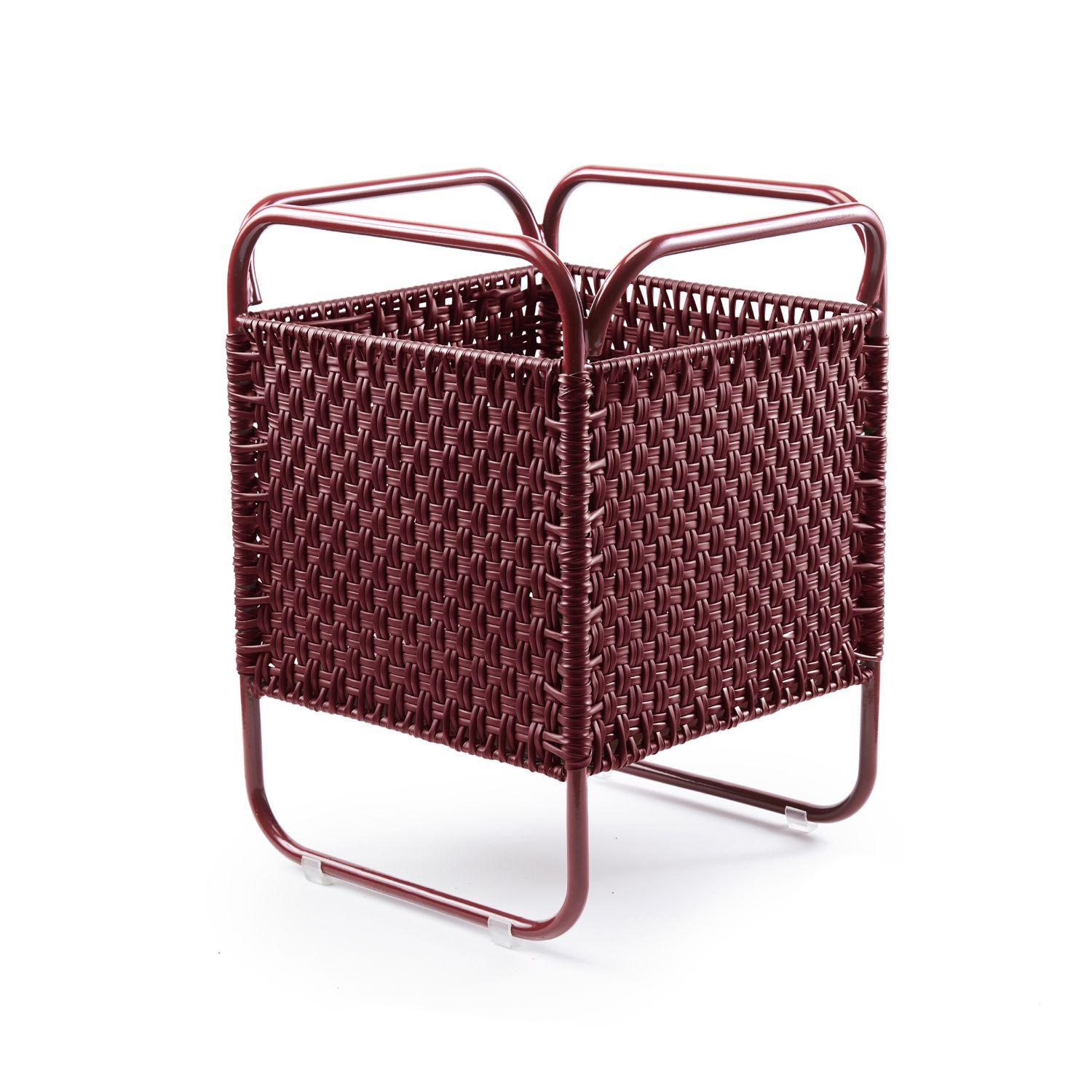 Dichas basket II by Cristina Celestino. 
Materials: PVC strings made from recycled plastic, steel
Dimensions: D 38 x W 38 x H 55 cm 
Available in colors: purple red/black red, purple red/olive green. Available in other sizes.

The Dichas