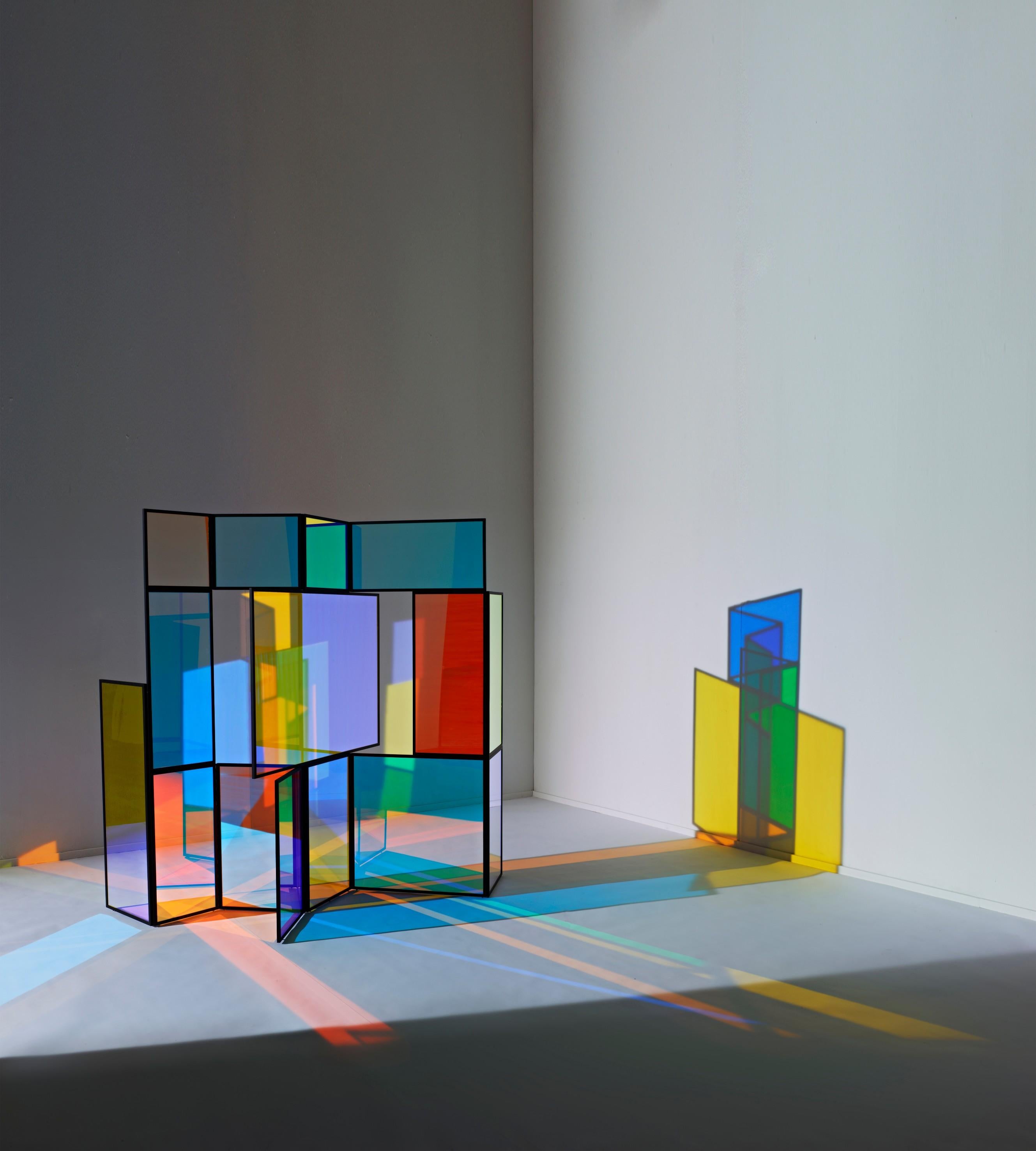 Dichroic glass colorful folding screen by Camilla Richter
Folding screen ‘And A And Be And Not’
powder-coated steel, dichroic glass: cyan and orange
1600 x 1600 x 710 mm
limited edition of 5 + 1 AP

Camilla Richter's works were published in