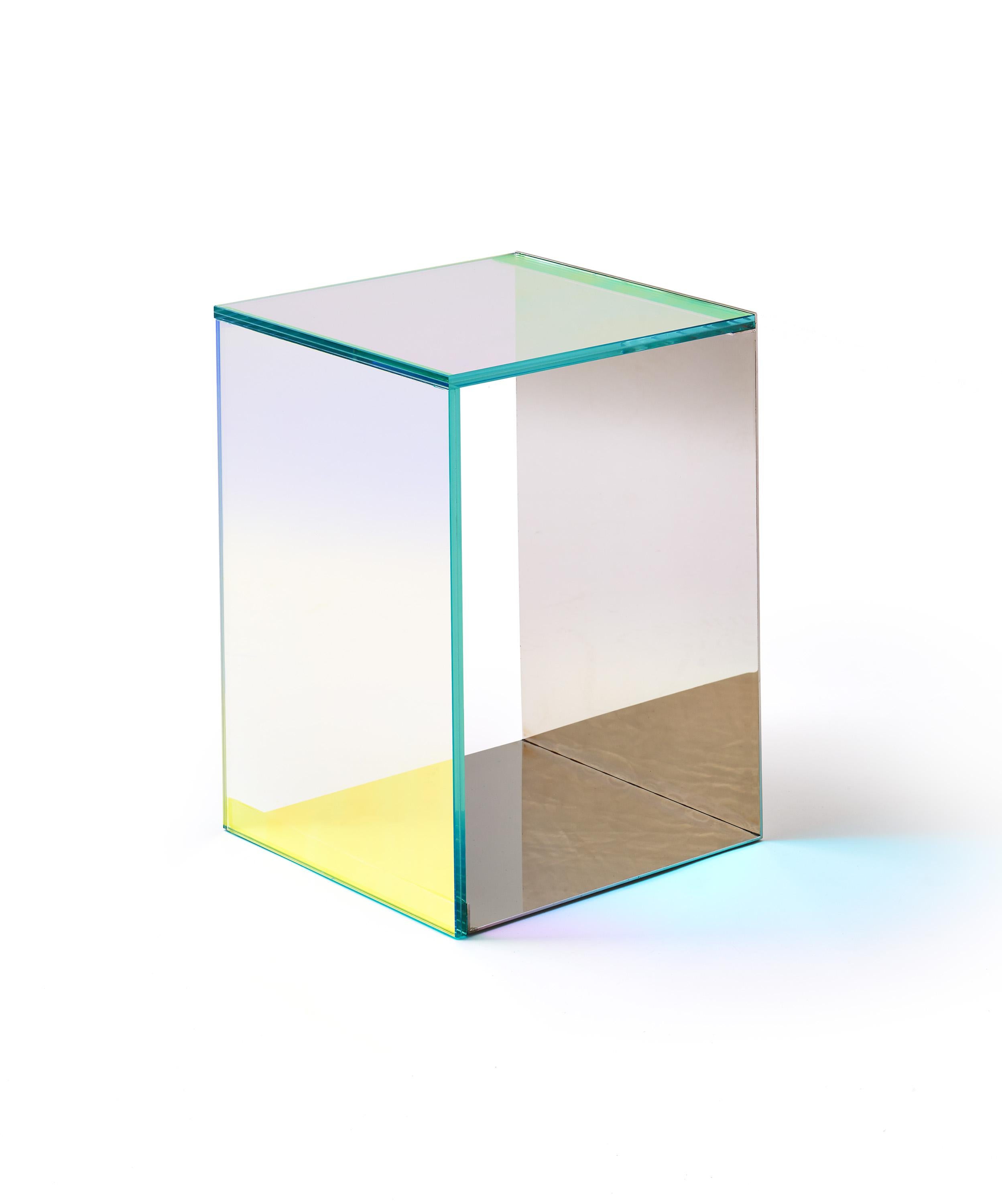 American Dichroic Tables, Light Refracting Glass and Polished Stainless Steel Side Table