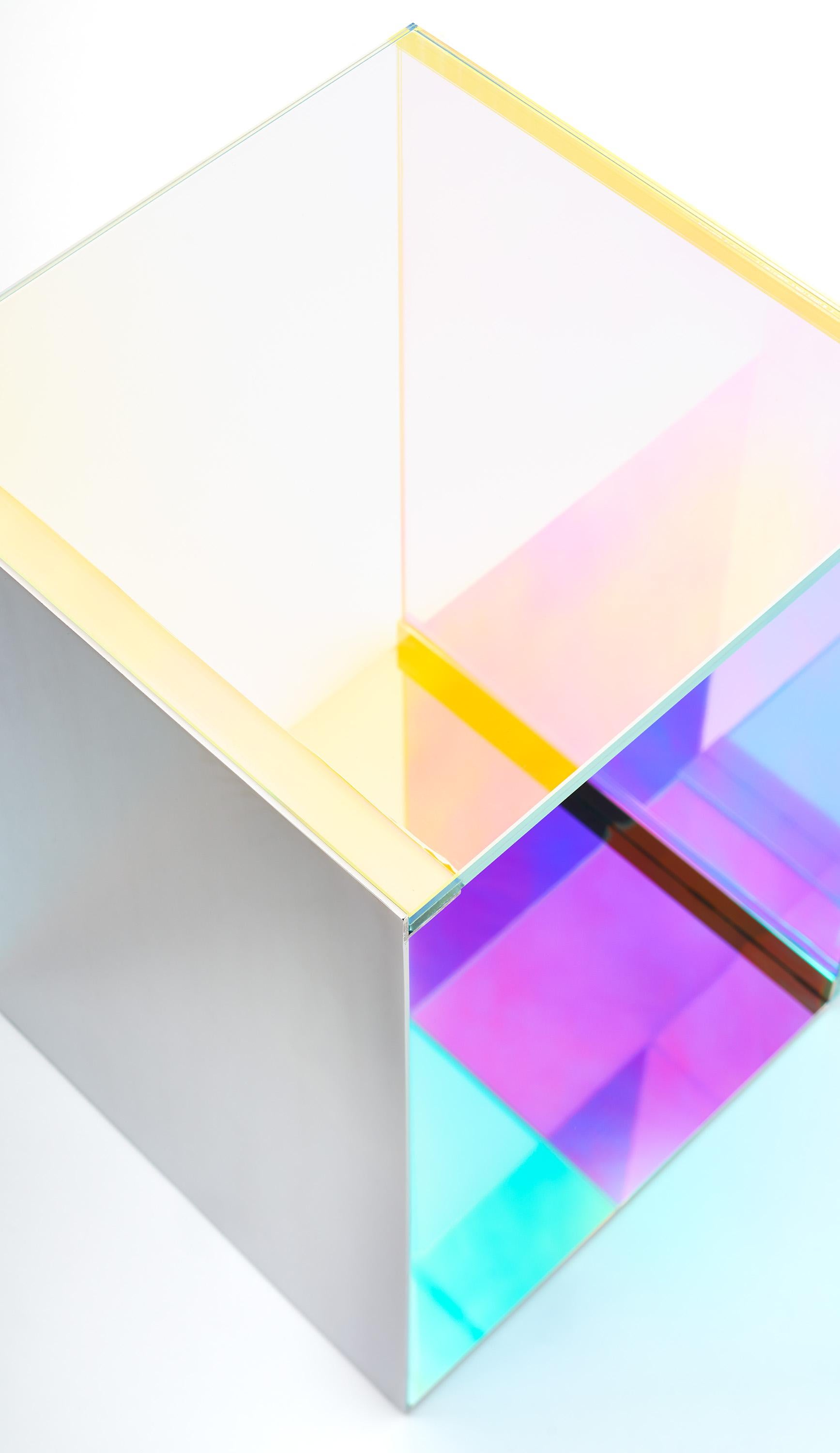 Contemporary Dichroic Tables, Light Refracting Glass and Polished Stainless Steel Side Table