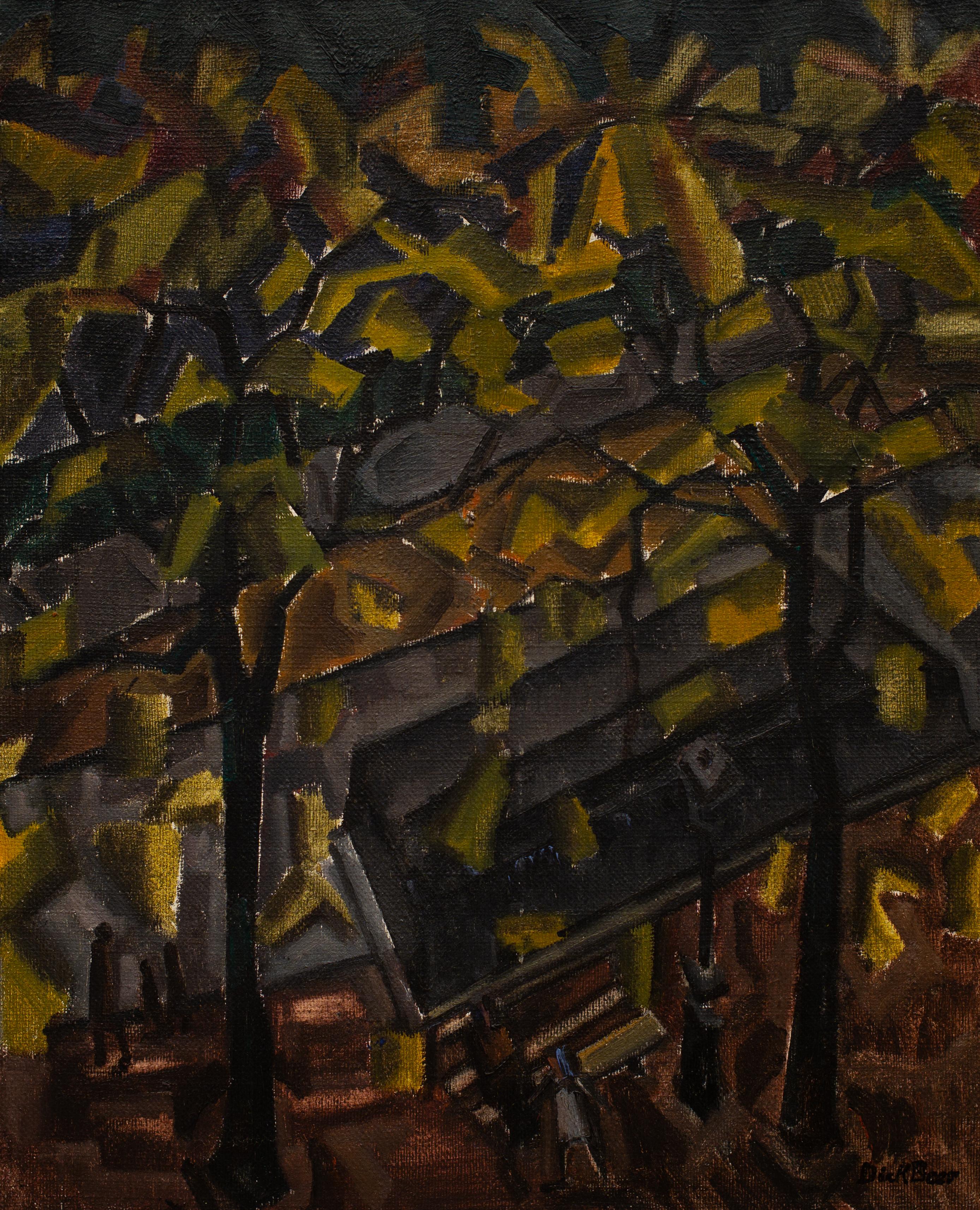 Kubistisches Gemälde des schwedischen Künstlers Dick Beer, Ansicht aus einem Fenster, 1920