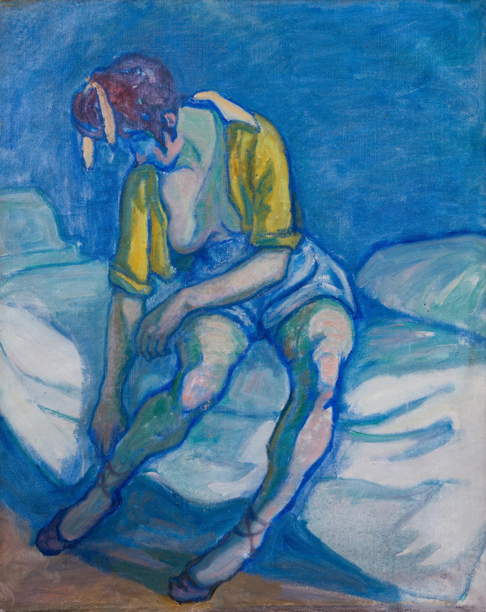 Dick Beer Tänzerin, die sich die Schuhe bindet 1916 Schwedisches modernistisches Ölgemälde