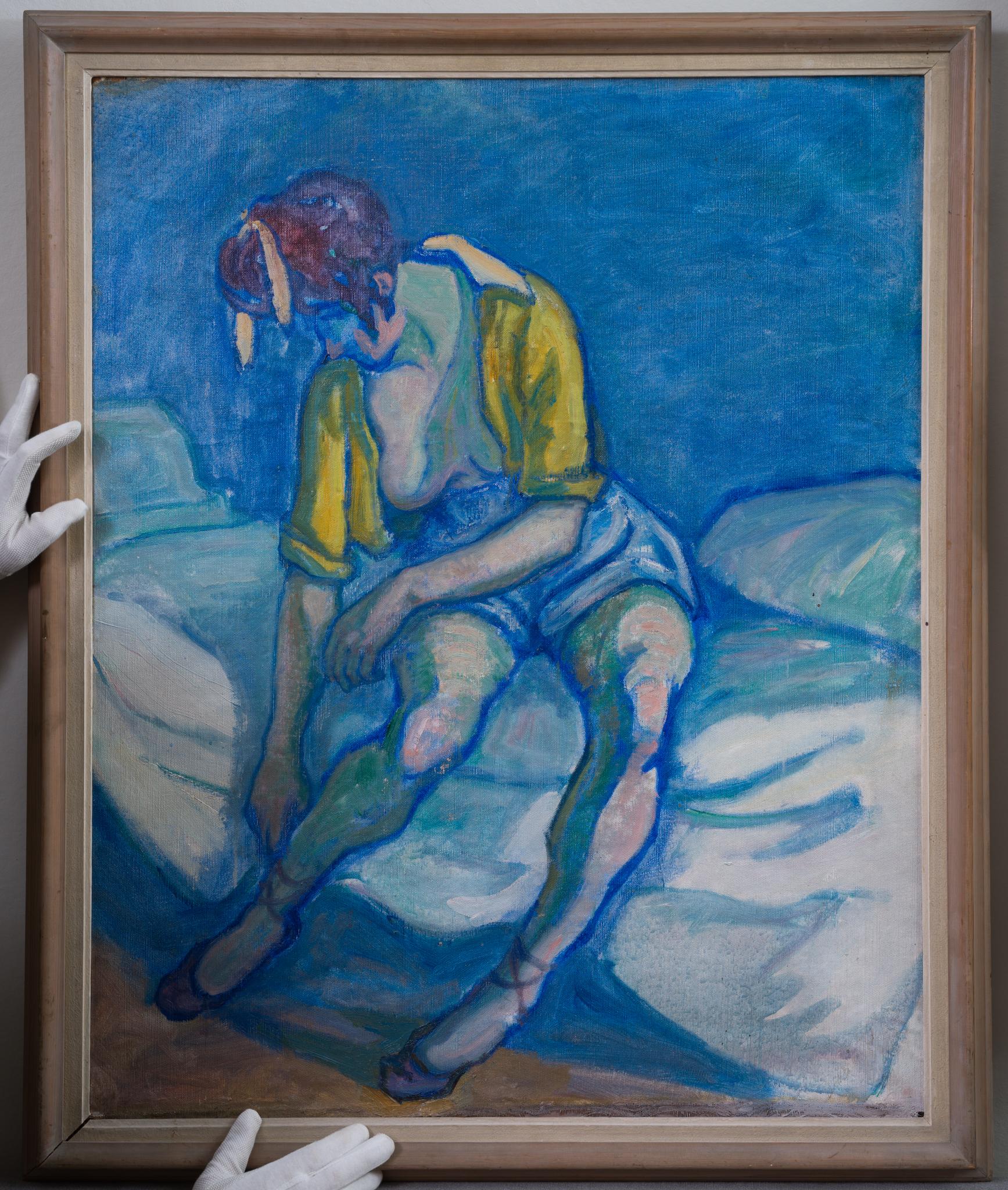 Primera vez en el mercado del arte - Bailarina atándose los zapatos, c. 1916 - Figurative Painting Azul de Dick Beer