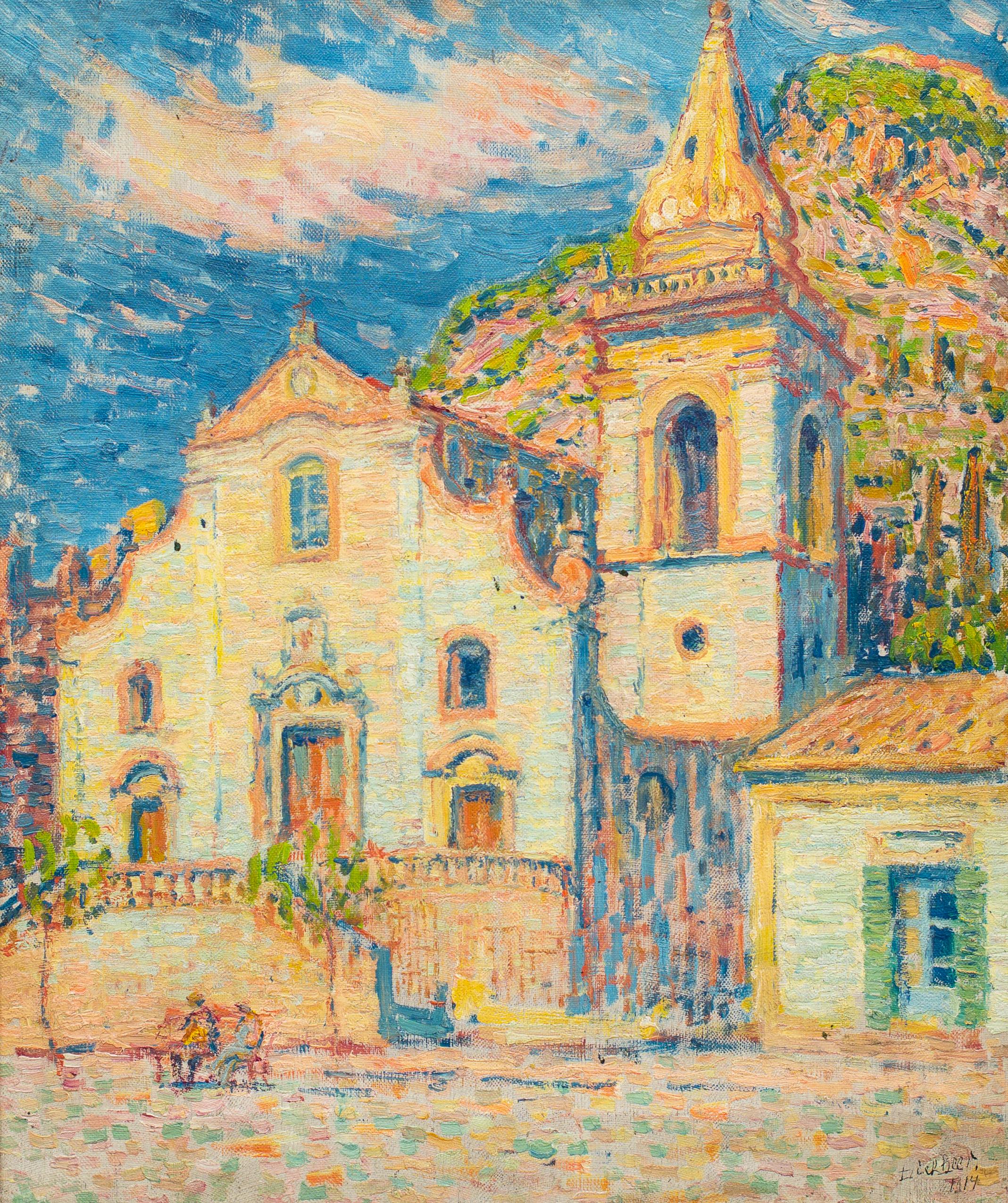 Figurative Painting Dick Beer - Peinture post-impressionniste - L'église de Taormina, Sicile, 1914