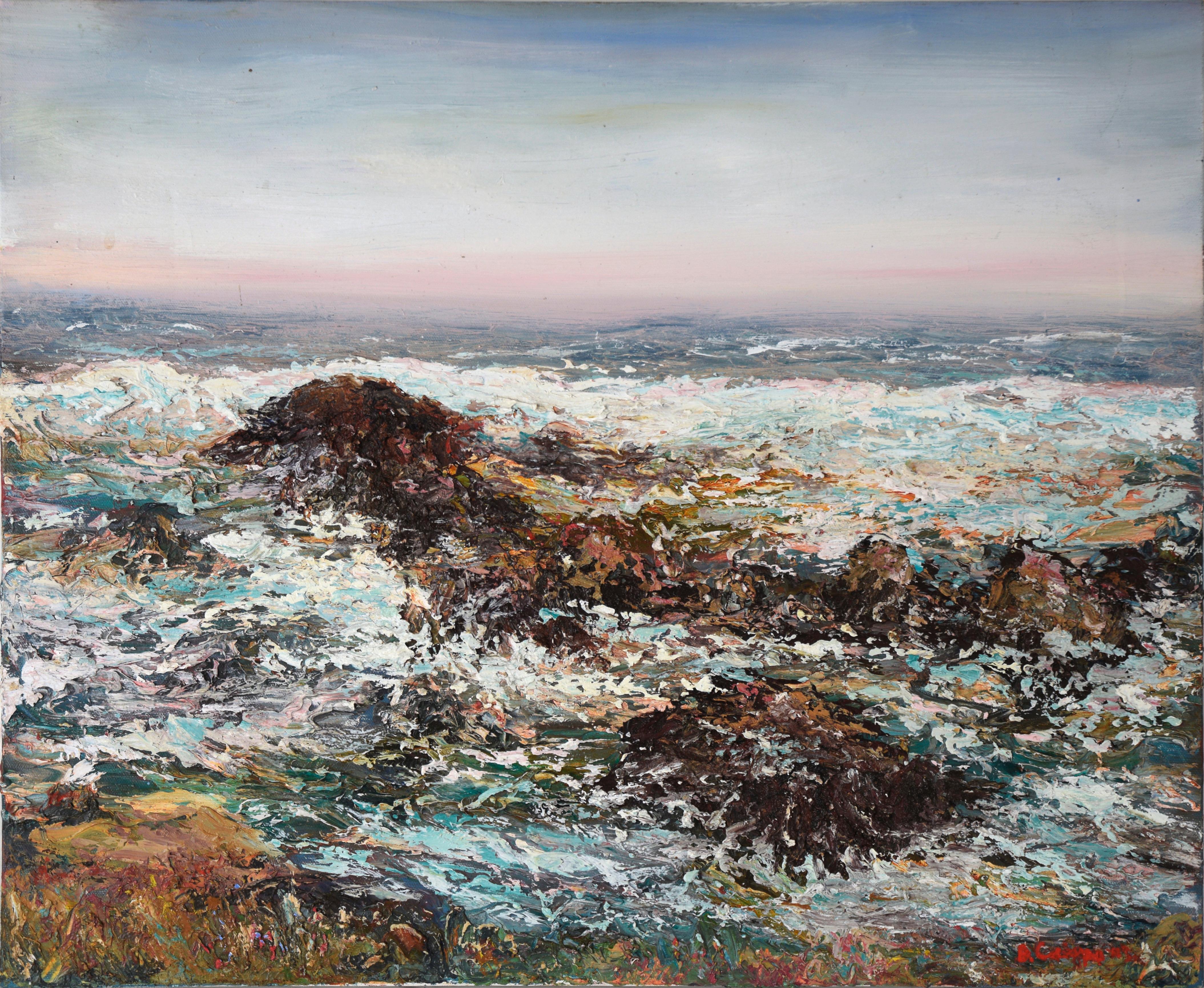 Landscape Painting Dick Crispo - Huile sur toile originale "Soft Lights", paysage marin de Monterey en Californie, à la texture épaisse