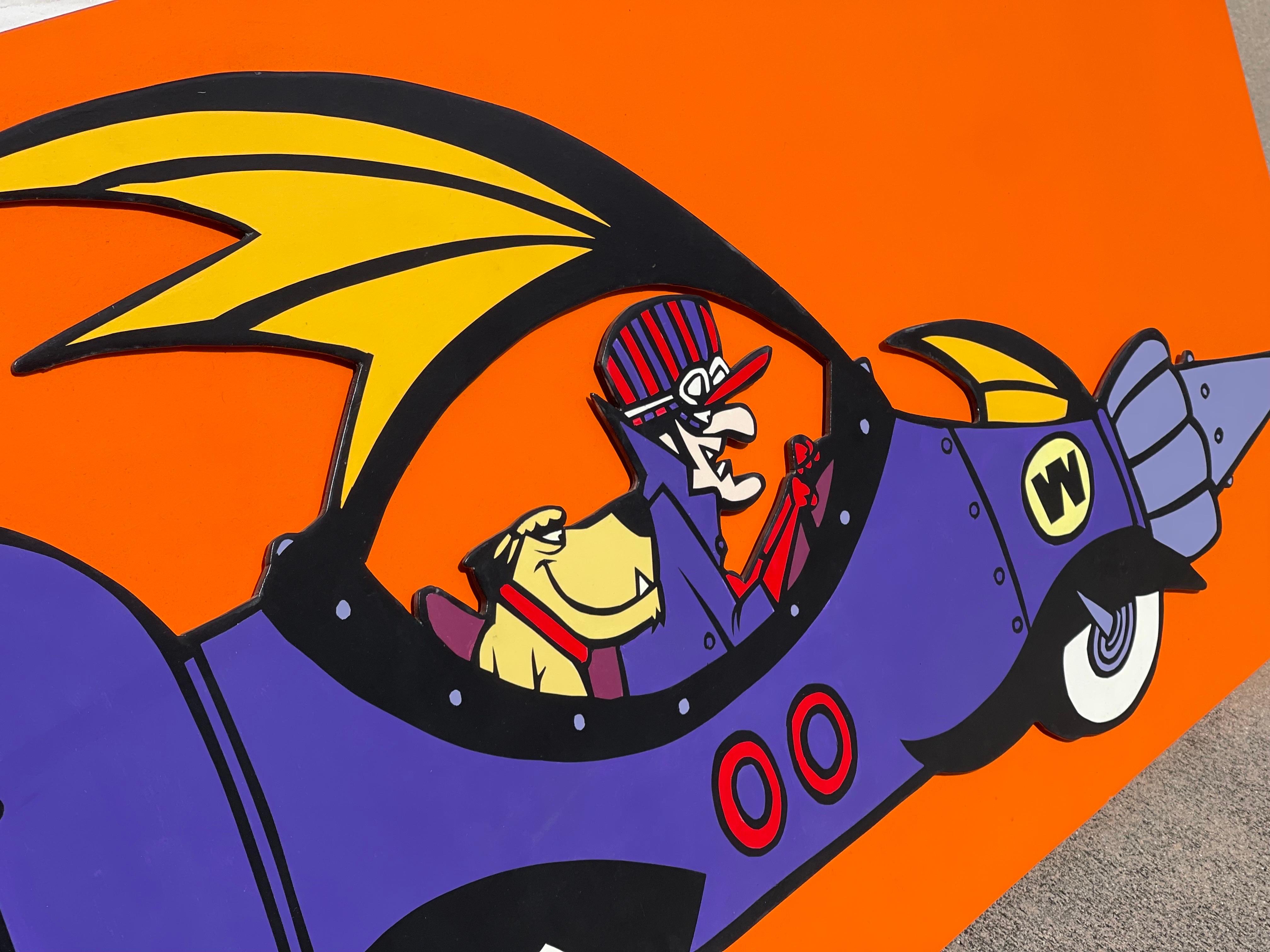 Whimsical recreation of the iconic Dick Dastardly and his trusty sidekick Muttley. Through clever use of paint, wood, and vinyl cutouts, David Travis creates a piece that evokes the nostalgic.