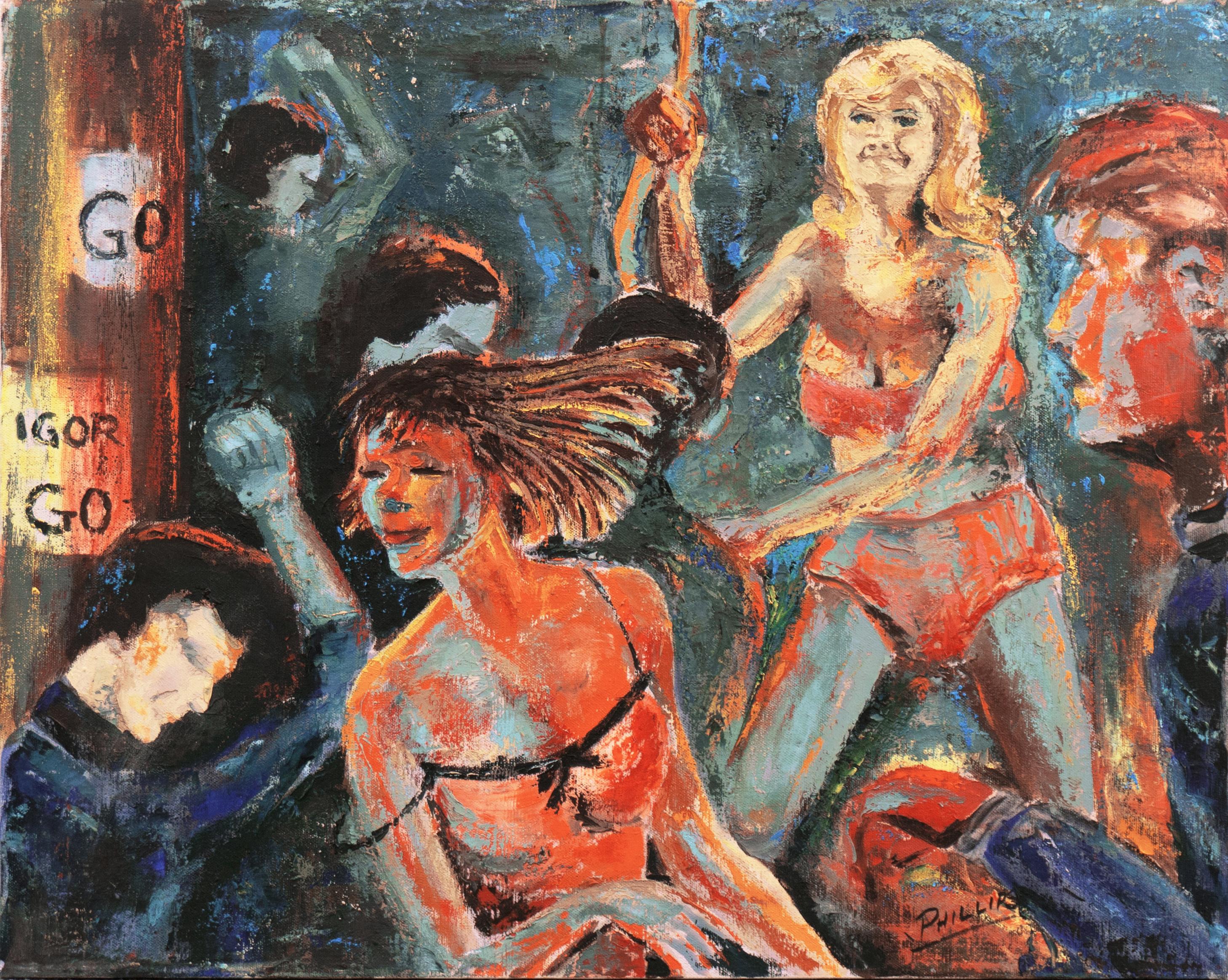Dick Phillips Figurative Painting - 'Go, Igor, Go!', 1960's Night Club Go-Go Dancers, Large Post-Impressionist Oil