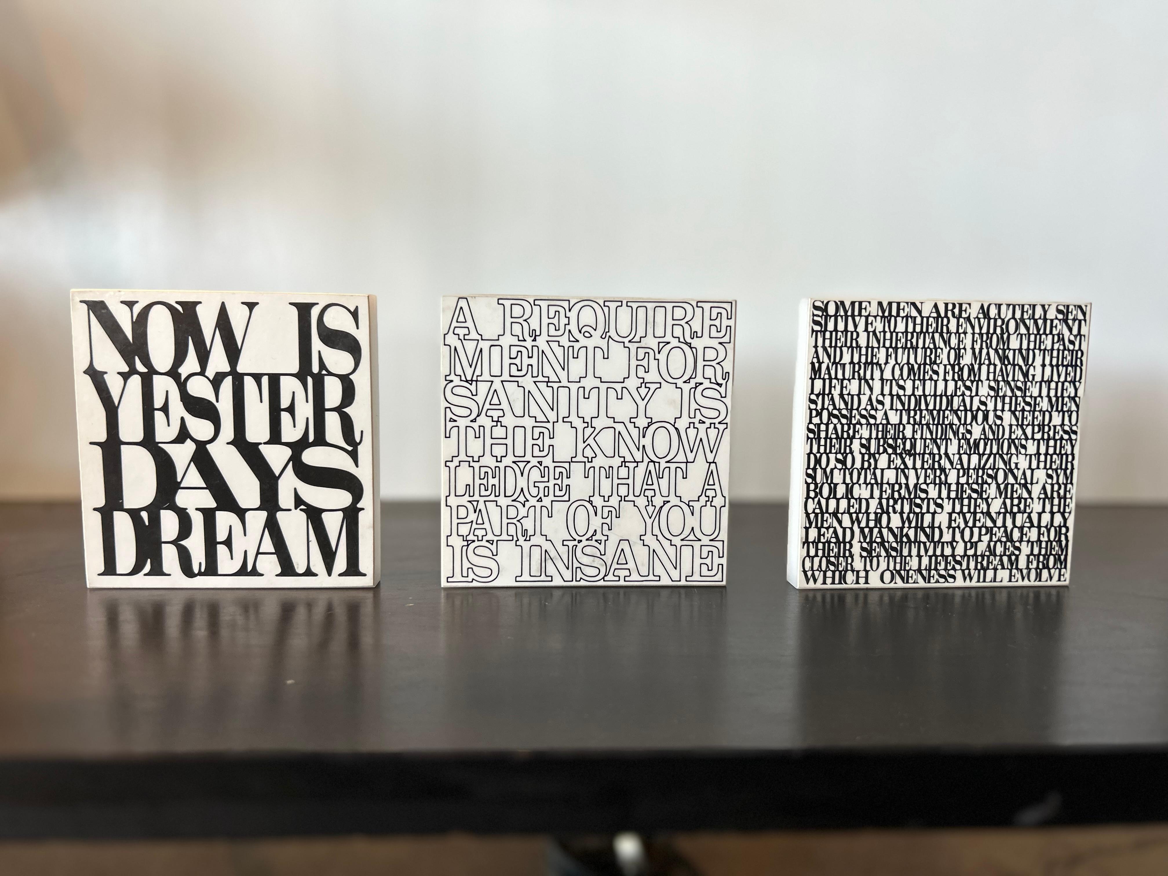 Arizona artist Dick Seeger's collection of original sayings in black fonts on white lucite squares. Price is for set of three.