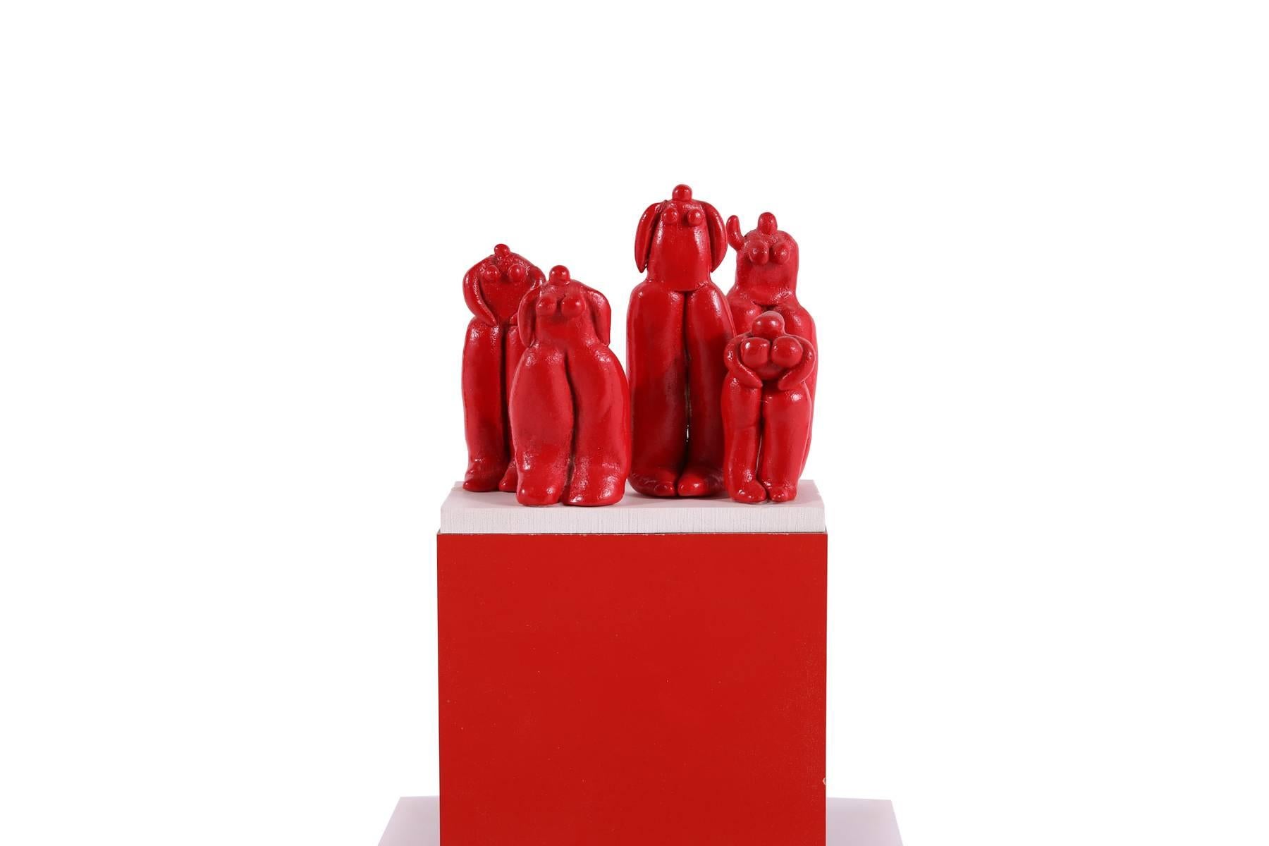 Dick Seeger mixed-media sculpture, circa early 1970s. This example blends ceramic hand-painted figures on mixed media pedestals that Seeger created himself.