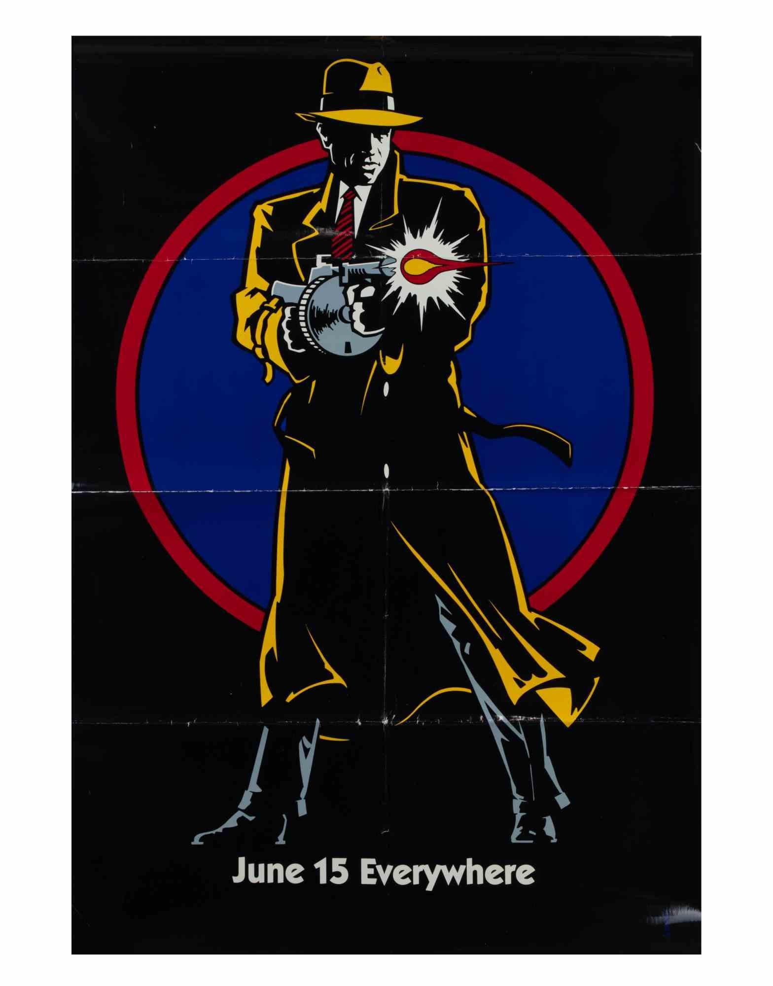 Vintage Poster.

U.S. One-Sheet (27 × 41 in.), Touchstone Pictures.
Regie: Warren Beatty, in den Hauptrollen Warren Beatty, Al Pacino, Madonna, Glenne Headly. Minimalistisches Design mit kräftigen Primärfarben, Noir-Figur von Dick Tracy mit